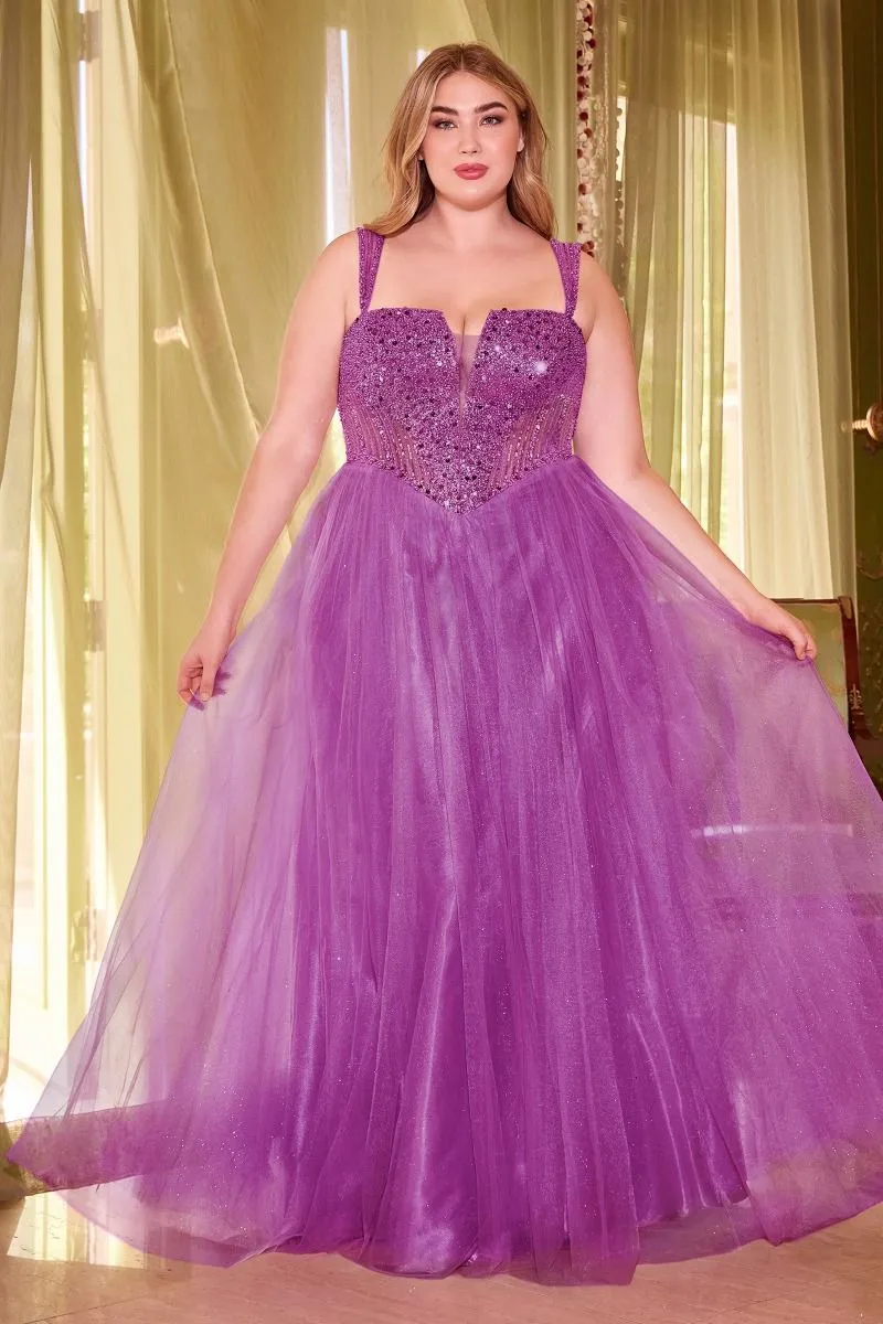 CD CD0217C - Plus Size Strapless Layered Tulle A-Line Prom Gown with Sequin Embellished Bodice & Lace Up Back