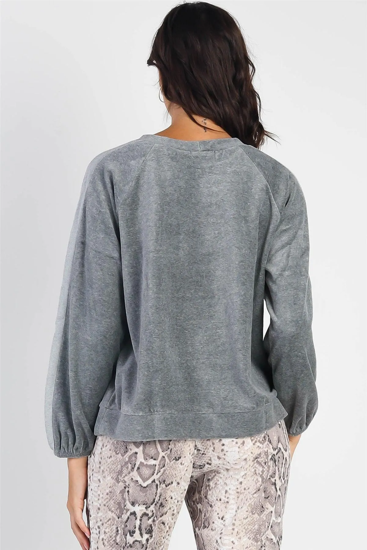 Charcoal Cotton Blend Velour Balloon Long Sleeve Top