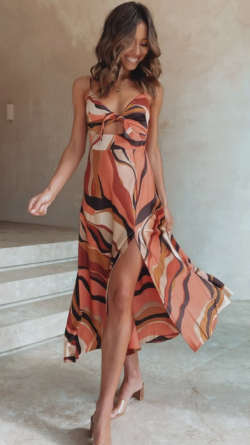Coffee Colorblocked Bowknot Slip Midi Dress