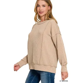 Corded Rib Long Sleeve Round Neck Pullover