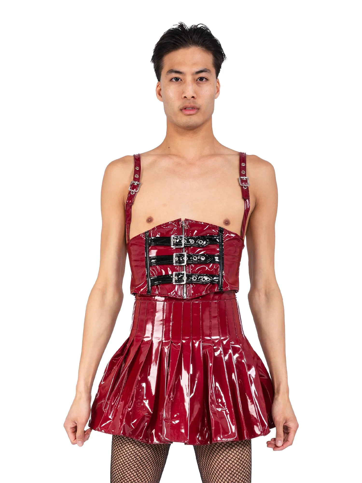 Crimson PVC Waspie with Braces & Pleated PVC Skirt