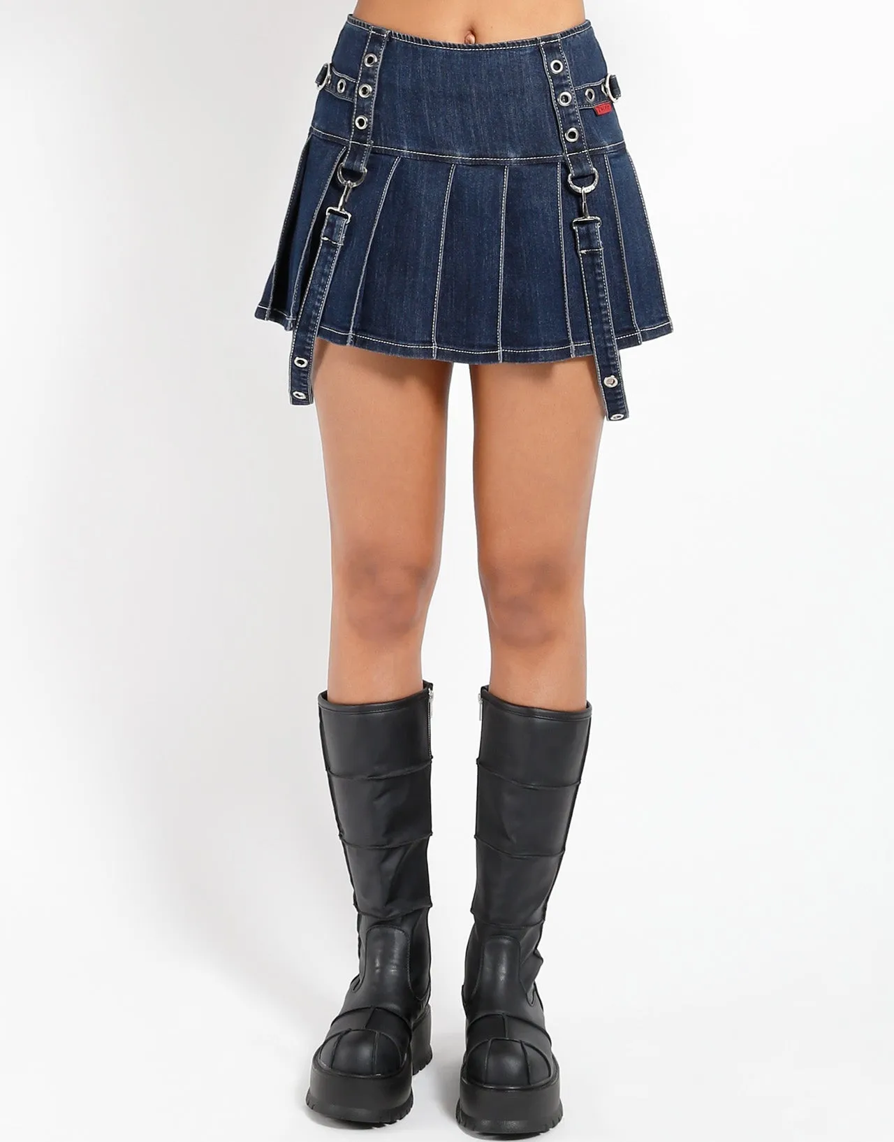 DENIM PLEATED BONDAGE SKIRT