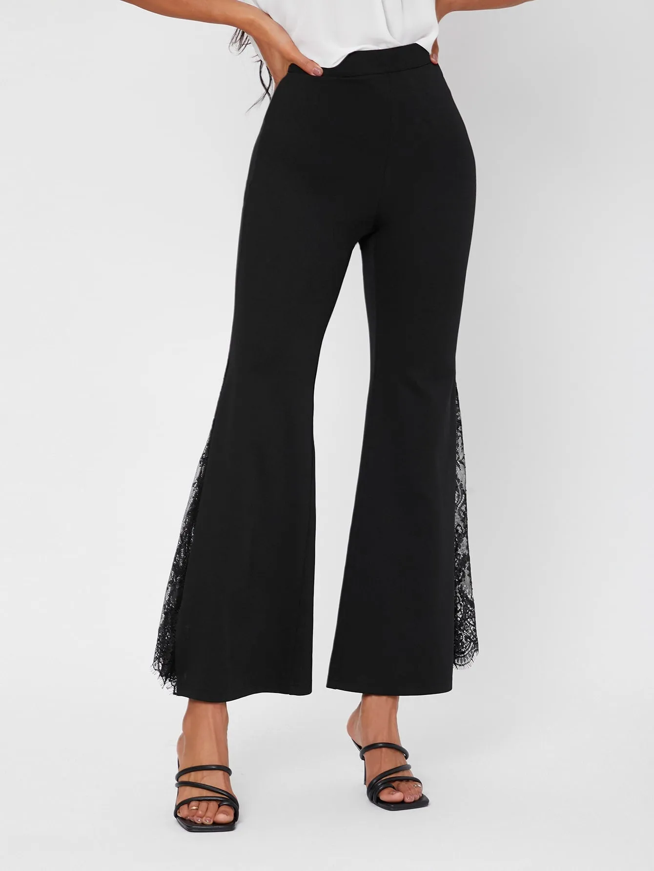 Elegant Plain Contrast Lace High Waist Long Womens Pants