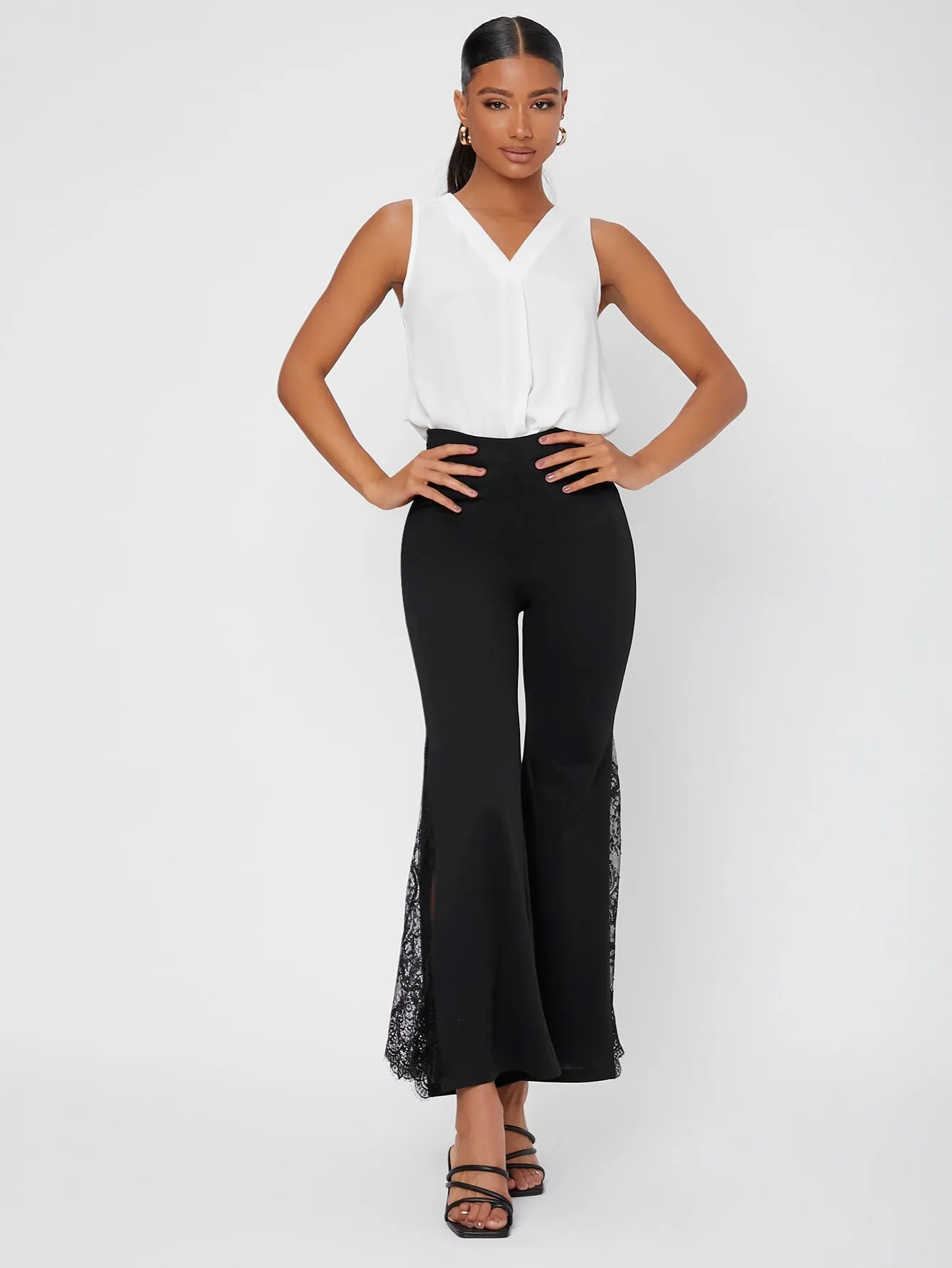 Elegant Plain Contrast Lace High Waist Long Womens Pants
