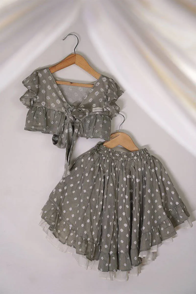 Flying High Bandhani Tie Up Top And High Low Skirt Co-Ord Set In Grey