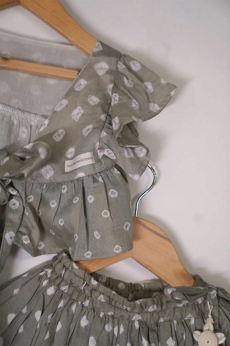 Flying High Bandhani Tie Up Top And High Low Skirt Co-Ord Set In Grey