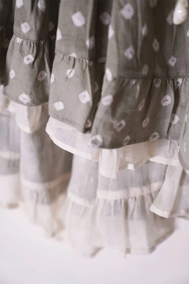 Flying High Bandhani Tie Up Top And High Low Skirt Co-Ord Set In Grey