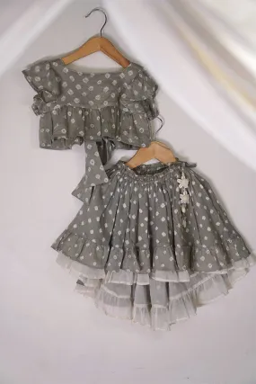 Flying High Bandhani Tie Up Top And High Low Skirt Co-Ord Set In Grey
