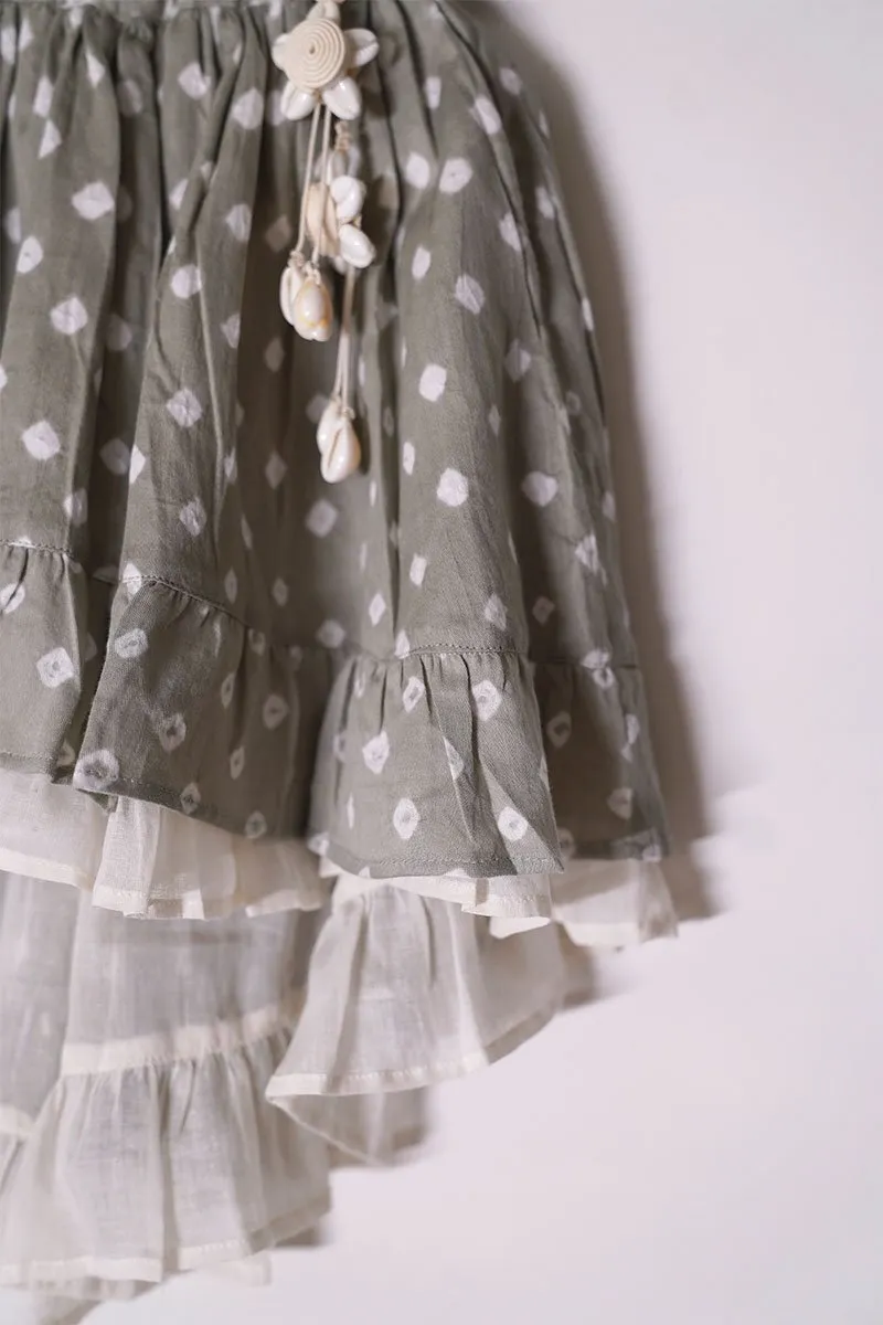 Flying High Bandhani Tie Up Top And High Low Skirt Co-Ord Set In Grey