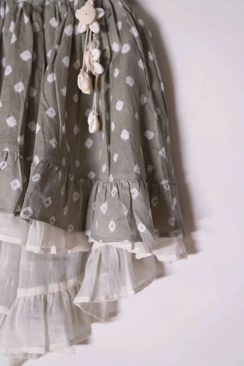 Flying High Bandhani Tie Up Top And High Low Skirt Co-Ord Set In Grey