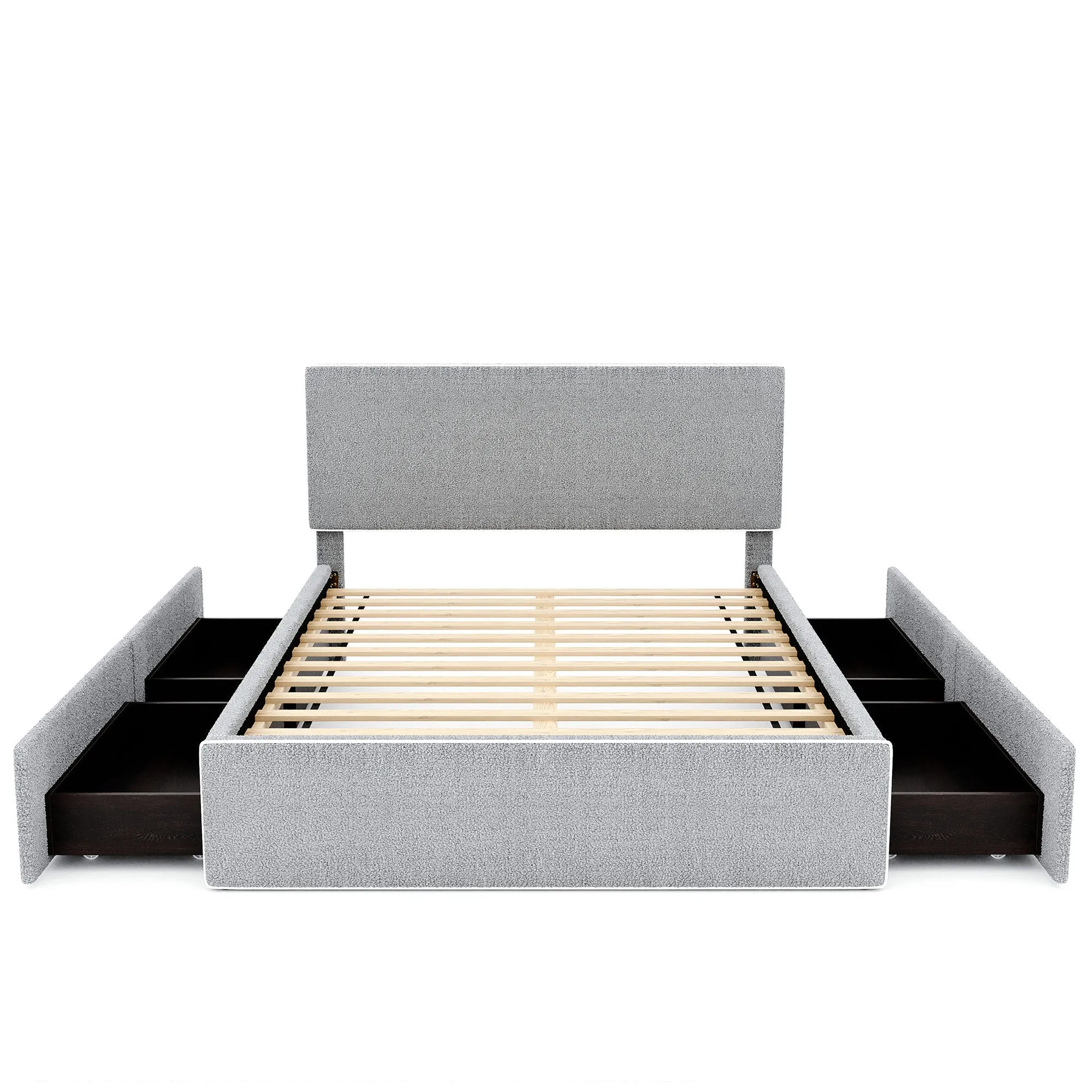 Full Size Upholstered Platform Bed with 4 Drawers and White Edge on the Headboard & Footboard, Gray