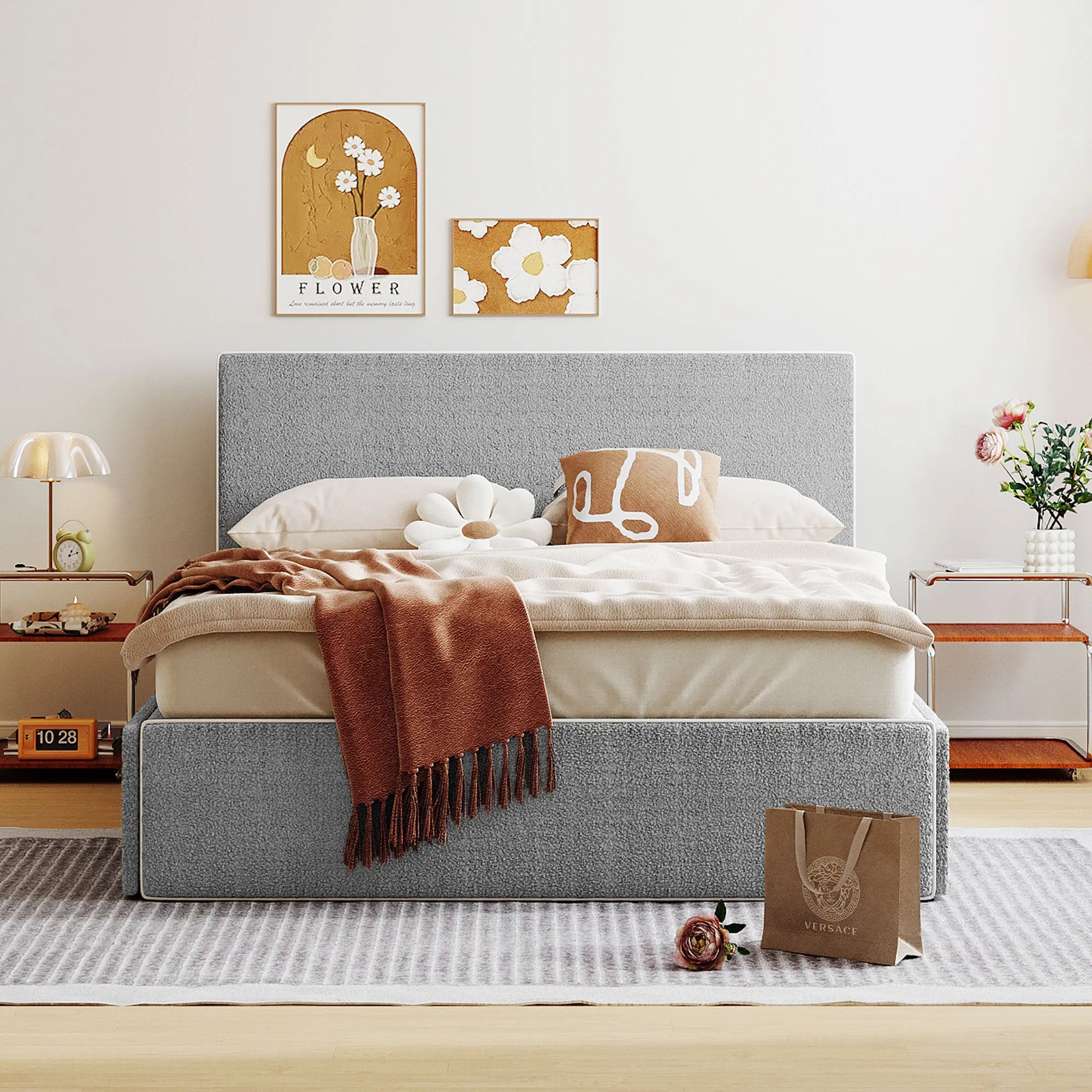 Full Size Upholstered Platform Bed with 4 Drawers and White Edge on the Headboard & Footboard, Gray