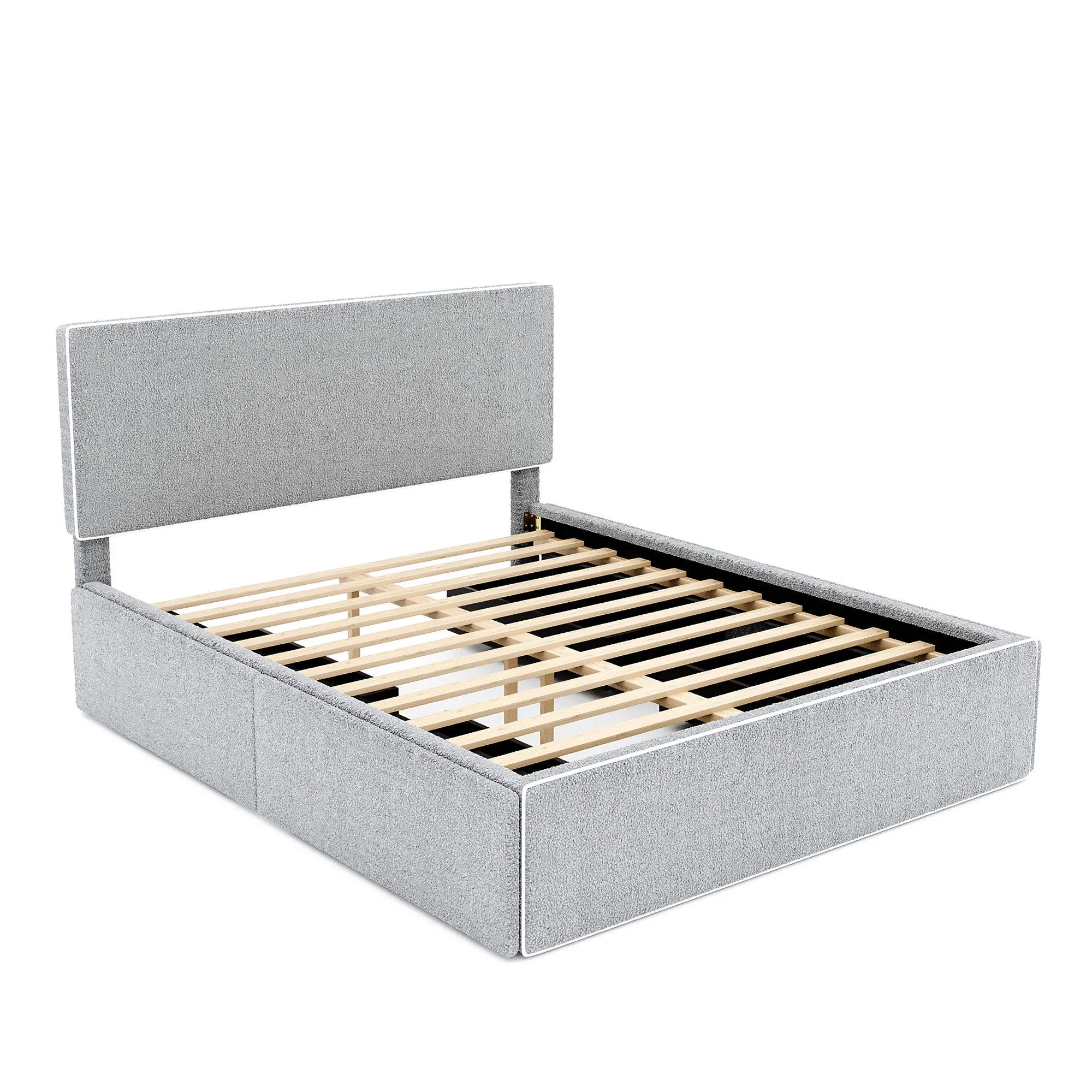 Full Size Upholstered Platform Bed with 4 Drawers and White Edge on the Headboard & Footboard, Gray