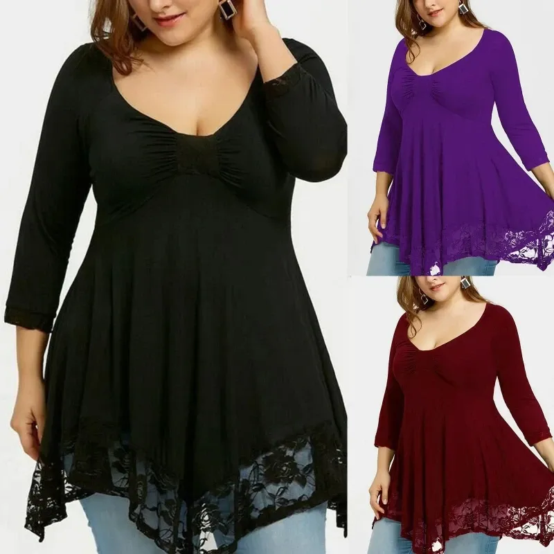 Funki Buys | Shirts | Women's Plus Lace Patchwork Tunic Top