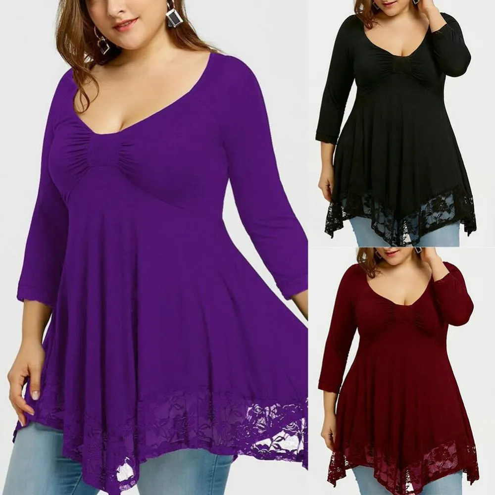 Funki Buys | Shirts | Women's Plus Lace Patchwork Tunic Top