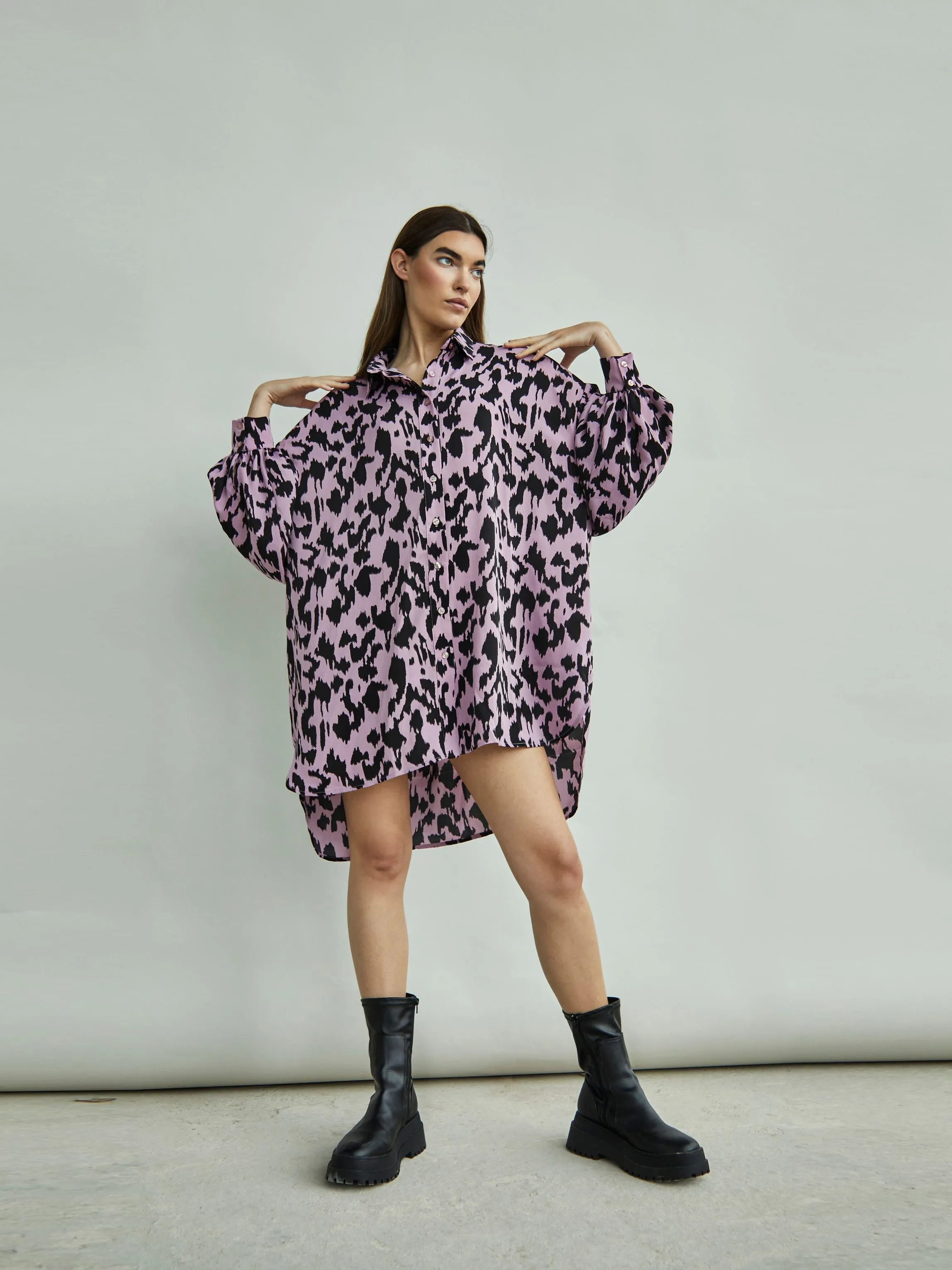 Glamorous Dusty Lilac Sketch Animal Print Shirt Dress