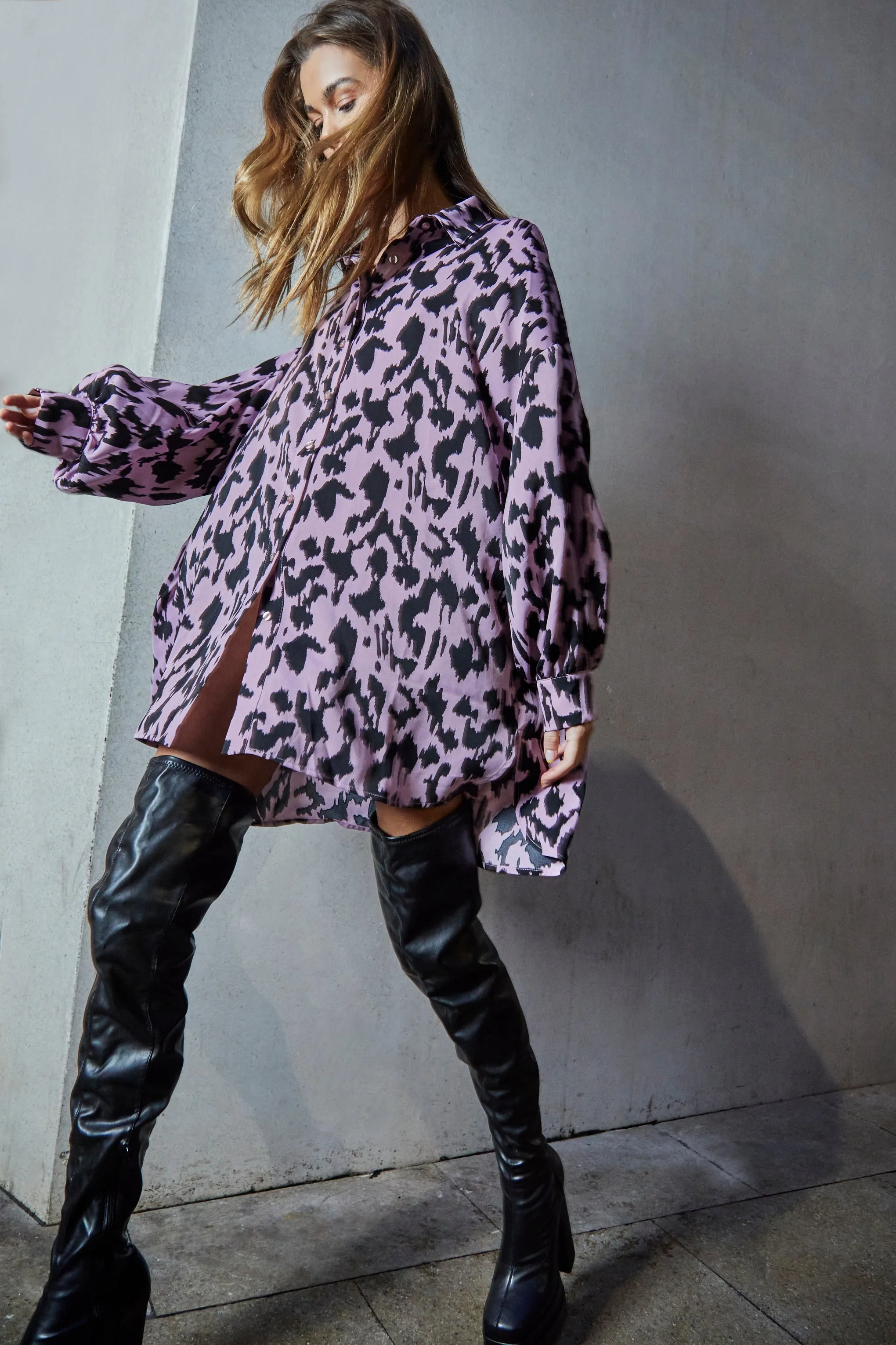 Glamorous Dusty Lilac Sketch Animal Print Shirt Dress