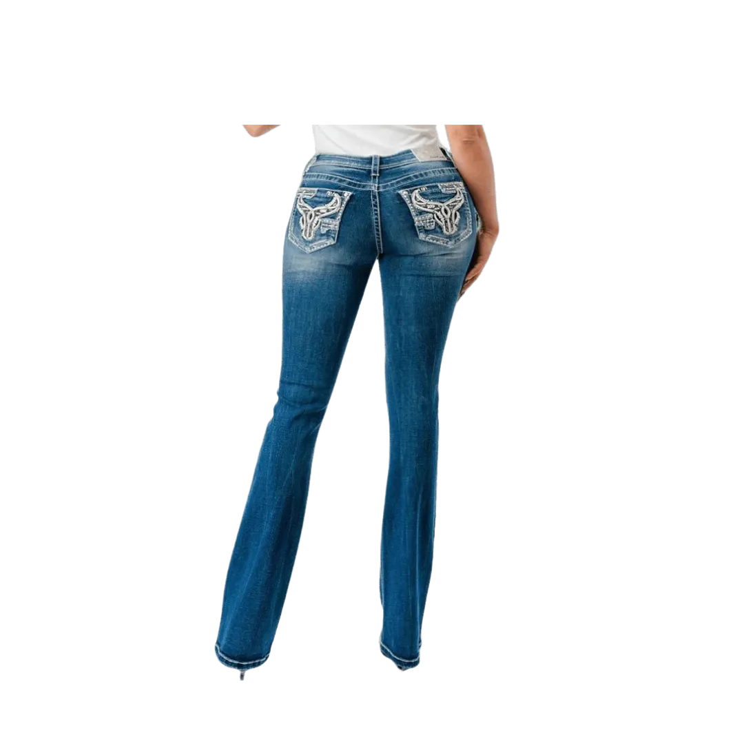 Grace In La Women's Steer Head Mid Rise Bootcut Jeans