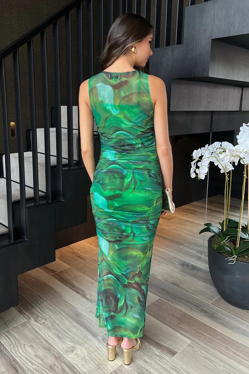 Green Watercolour Print Mesh Overlay Bodycon Midi Dress