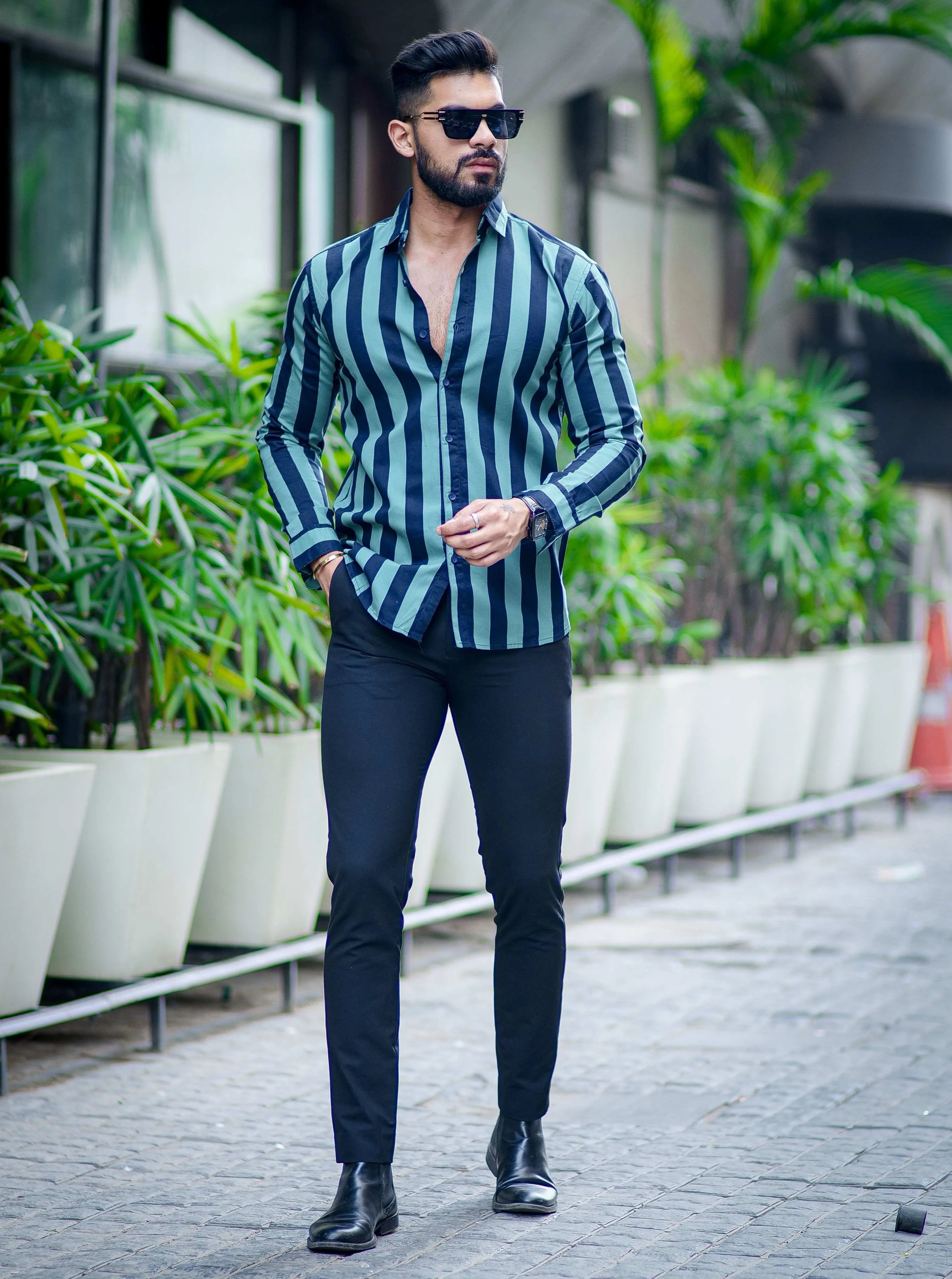 Green With Navy Stripe Cotton Shirt For Men's