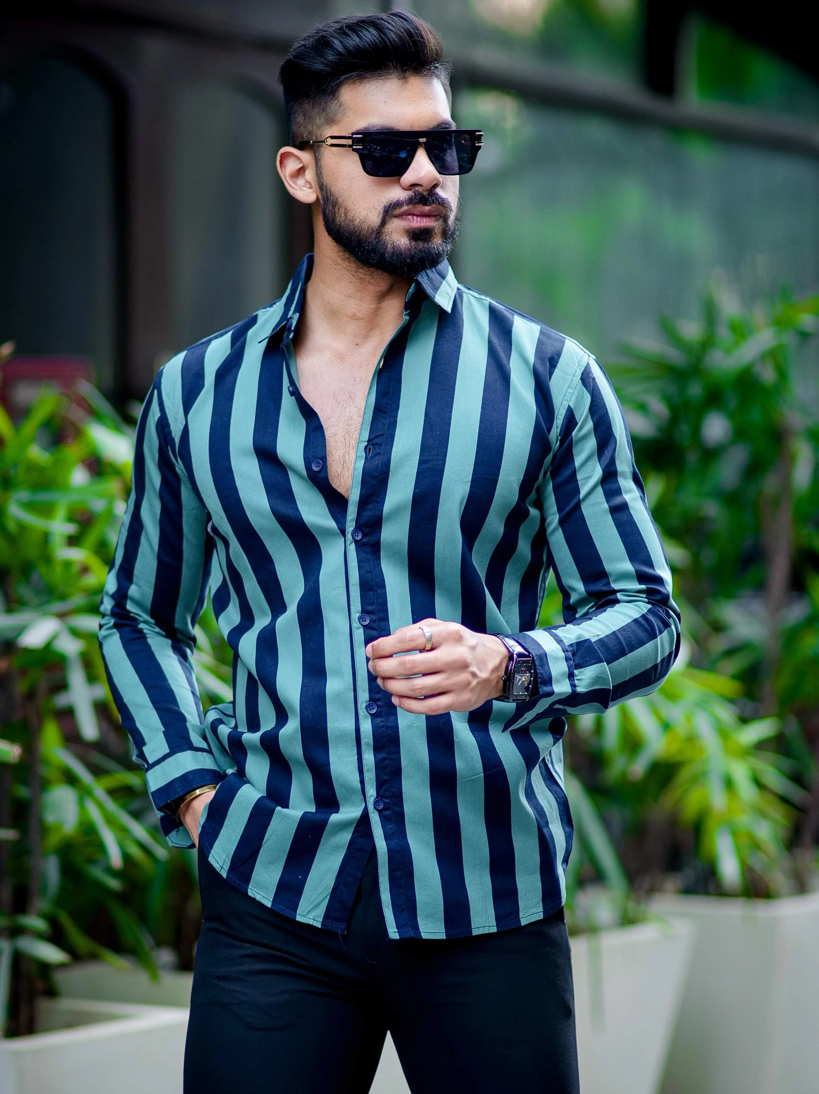 Green With Navy Stripe Cotton Shirt For Men's