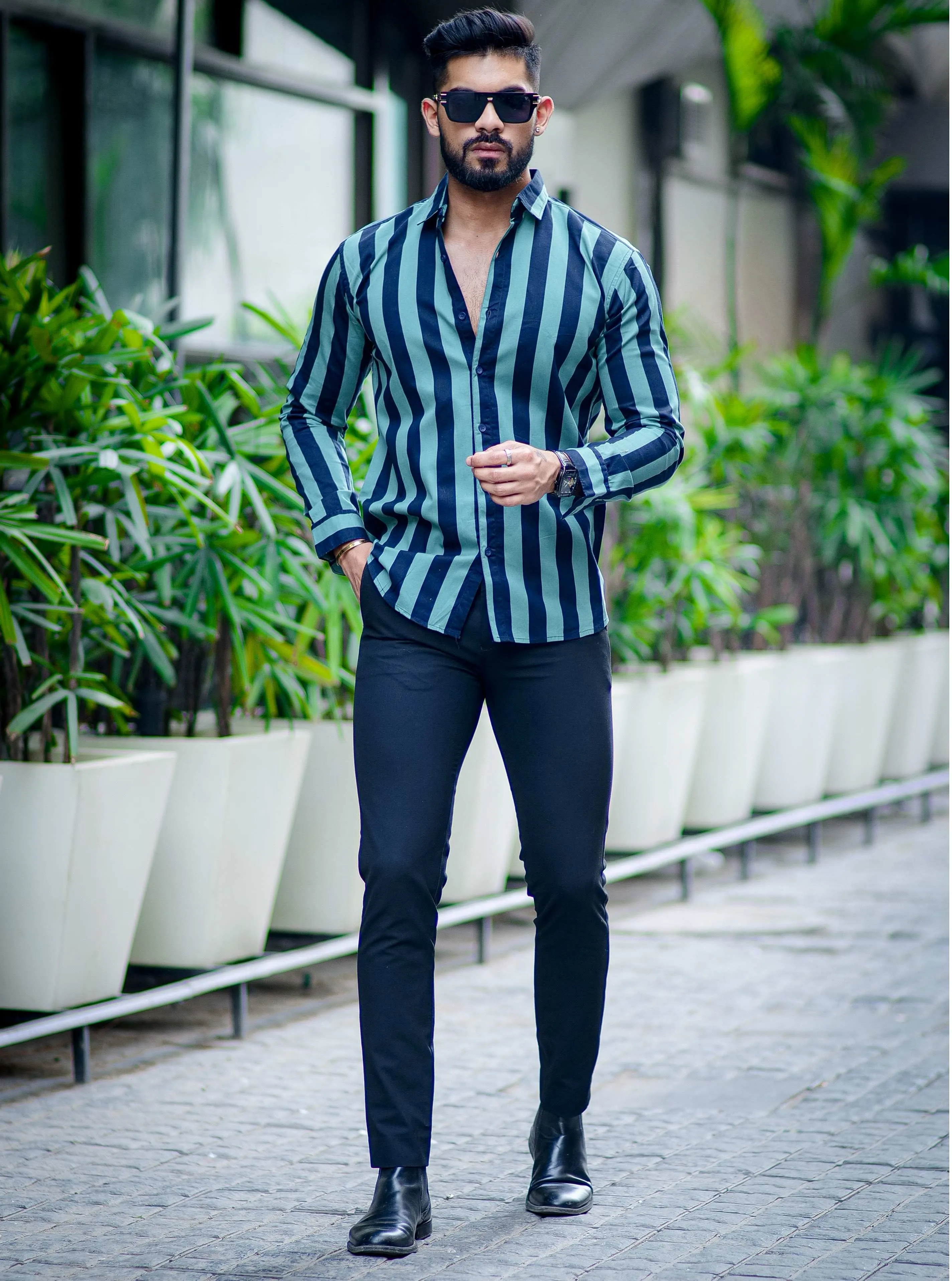 Green With Navy Stripe Cotton Shirt For Men's