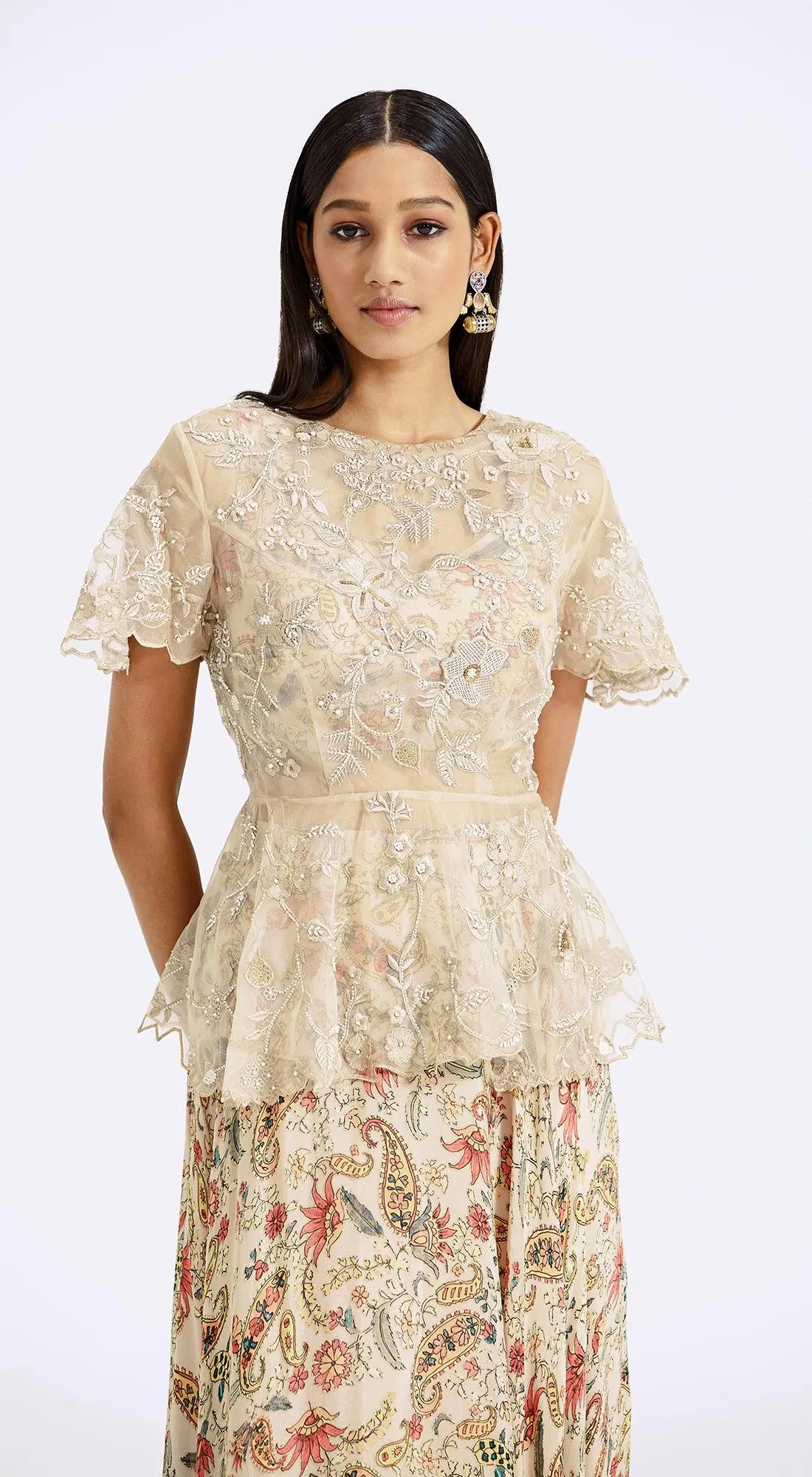 Grey Embroidered Top & Skirt Set