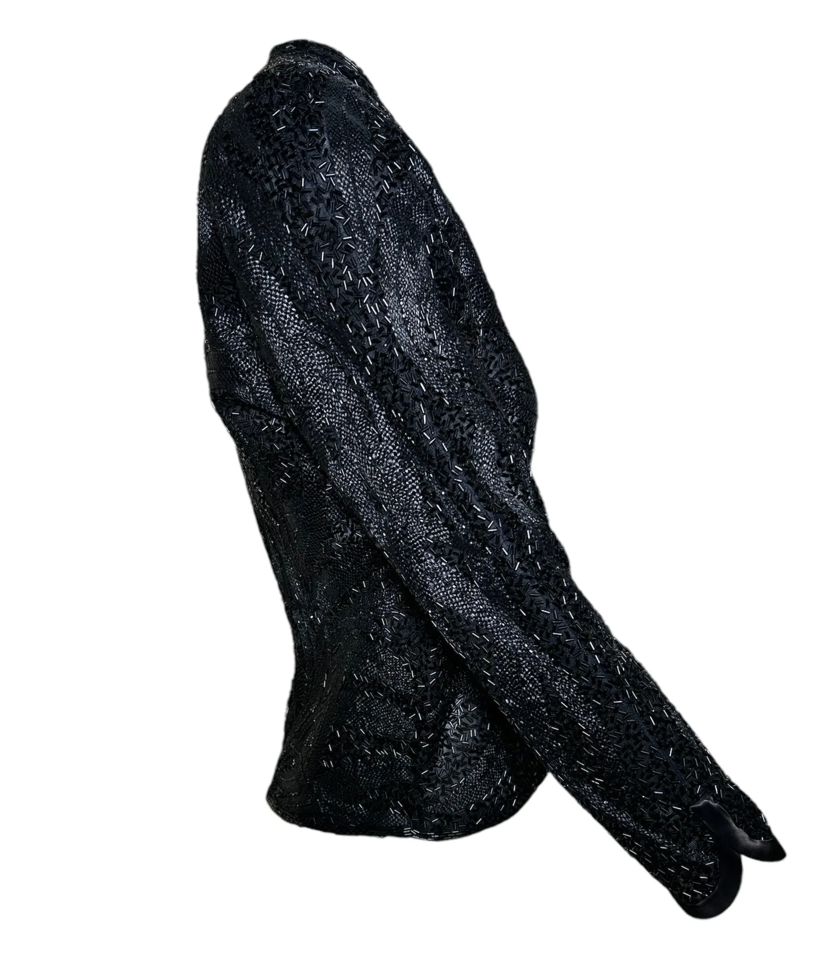Halston 70s Black Feather Motif Densely Beaded Jacket