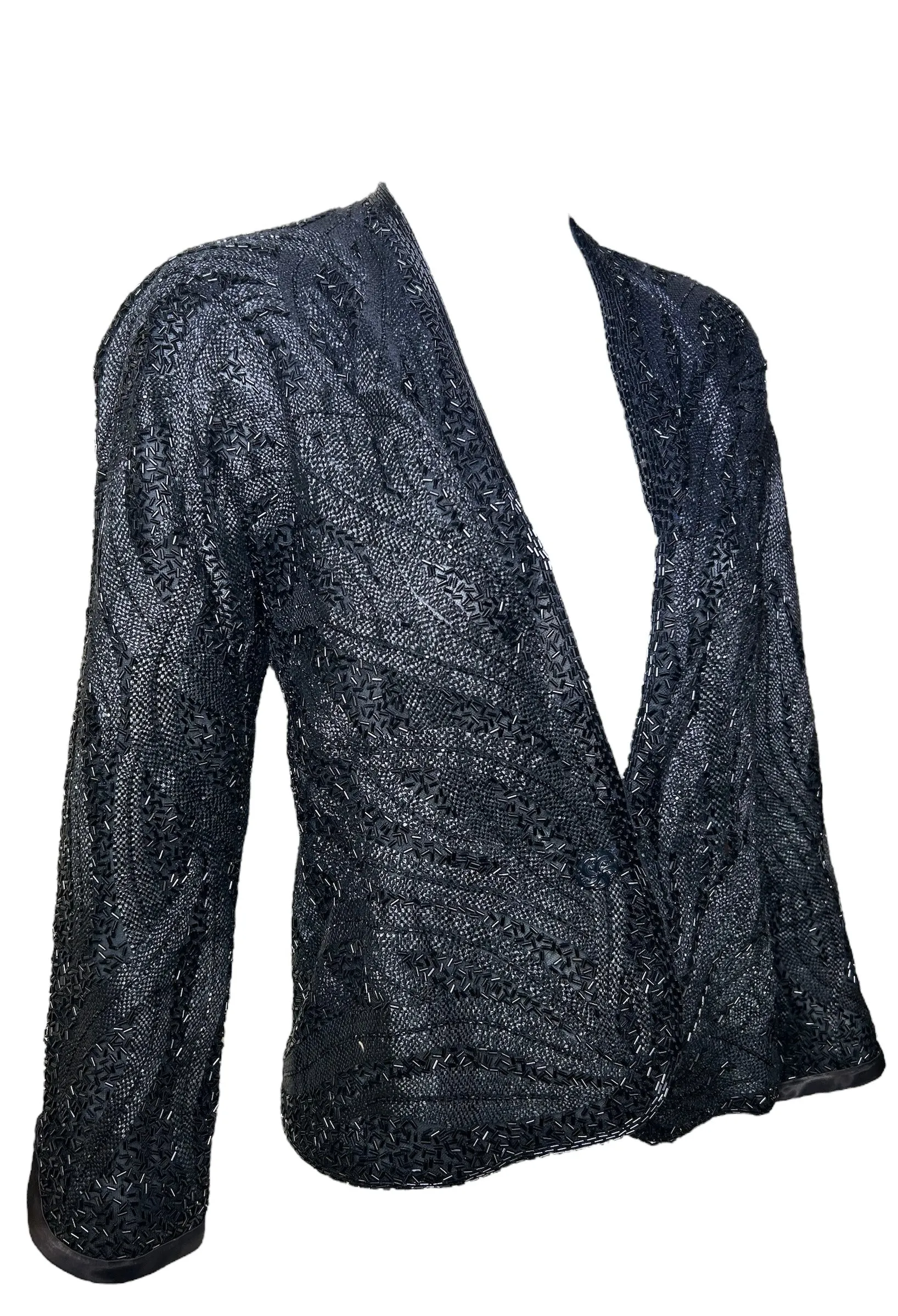 Halston 70s Black Feather Motif Densely Beaded Jacket