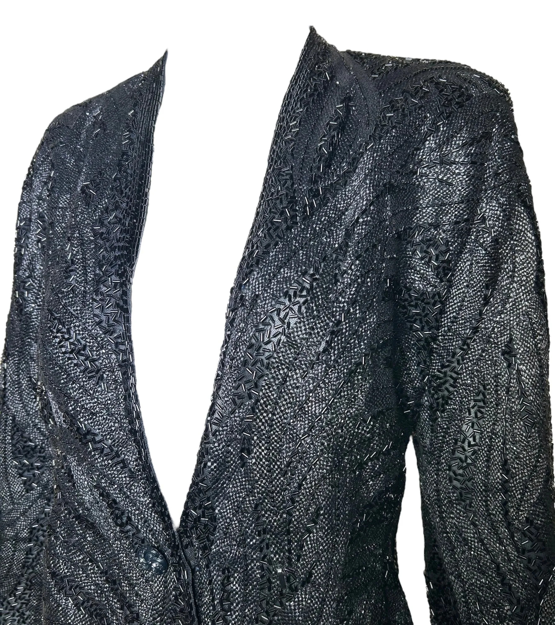 Halston 70s Black Feather Motif Densely Beaded Jacket