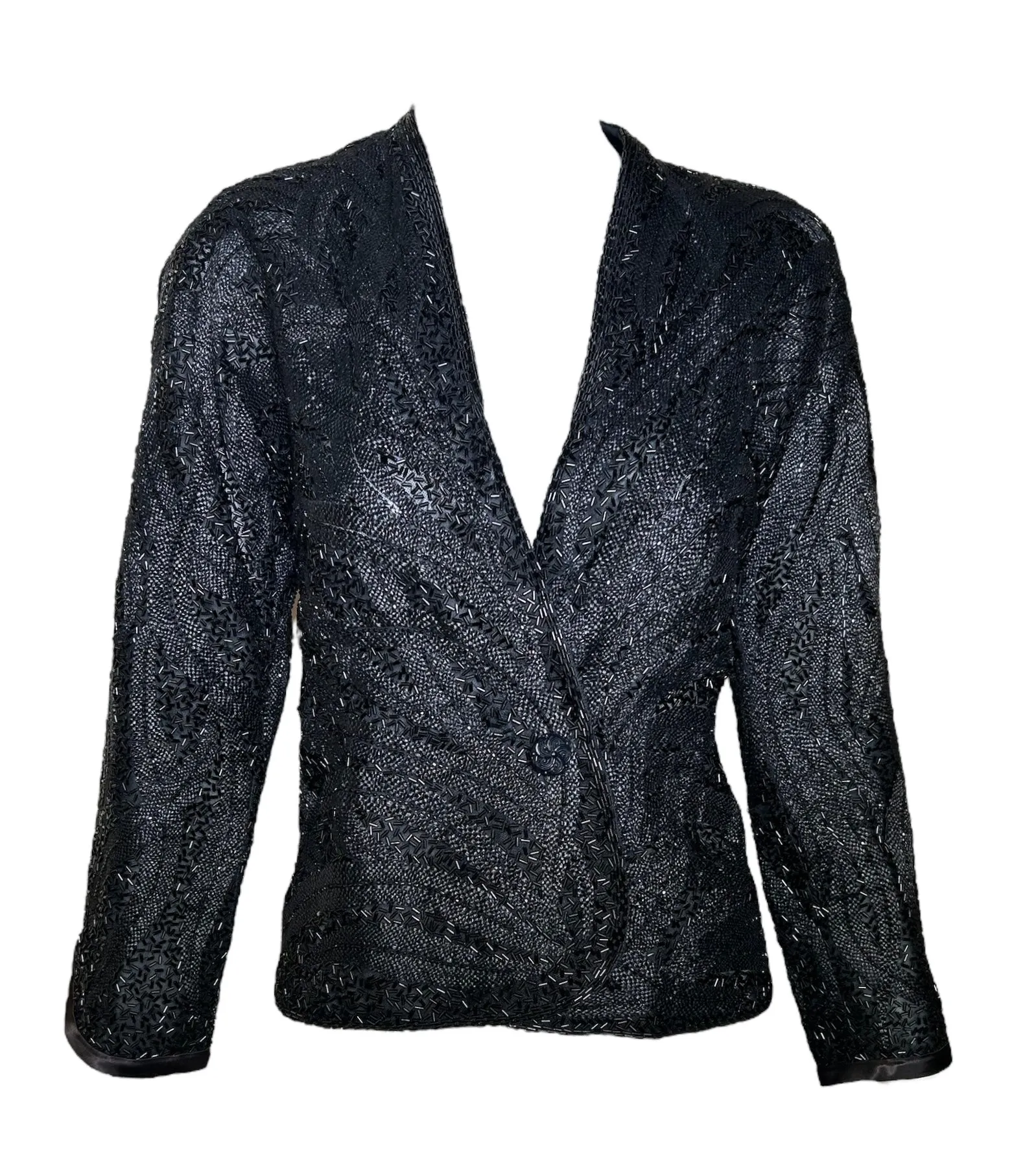 Halston 70s Black Feather Motif Densely Beaded Jacket