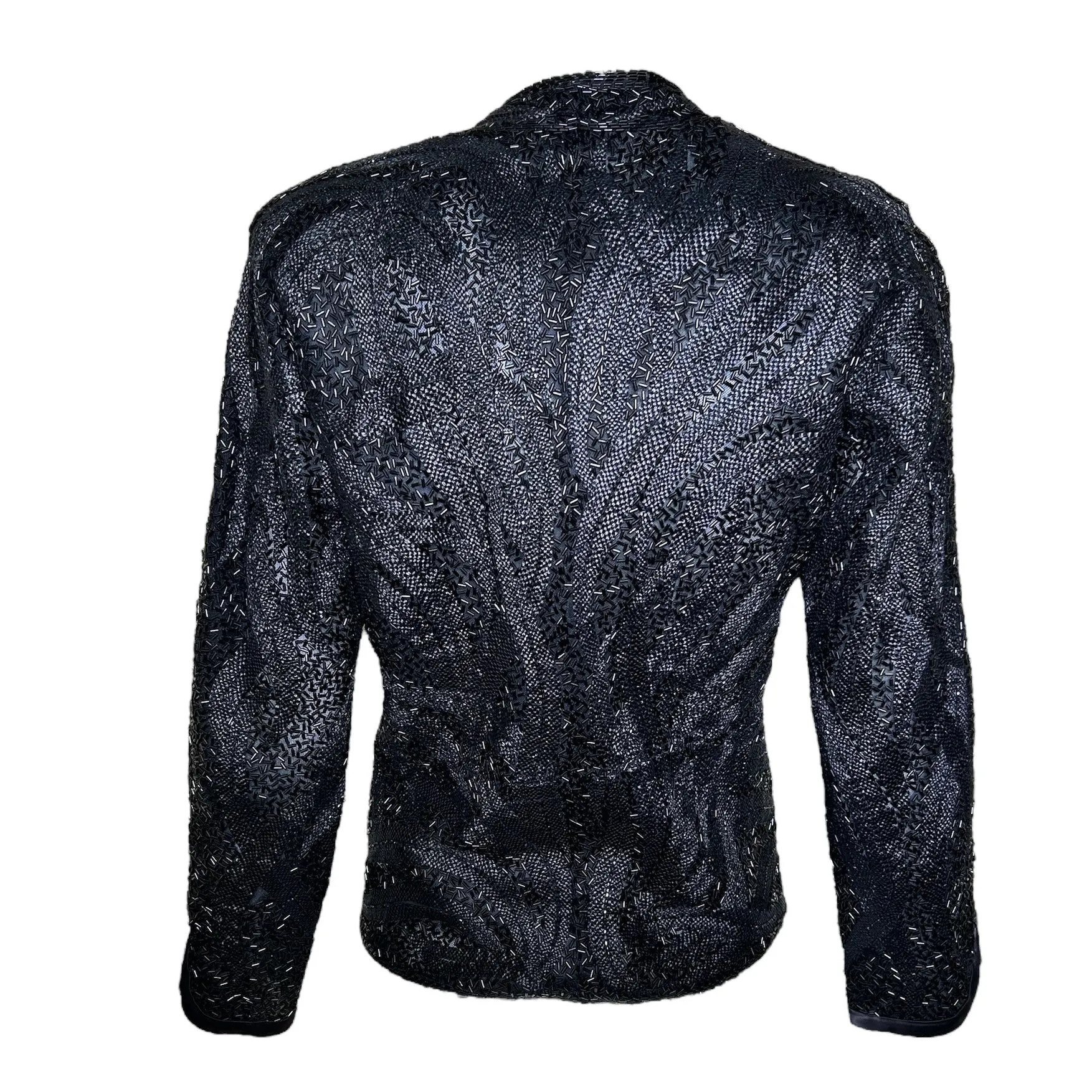 Halston 70s Black Feather Motif Densely Beaded Jacket