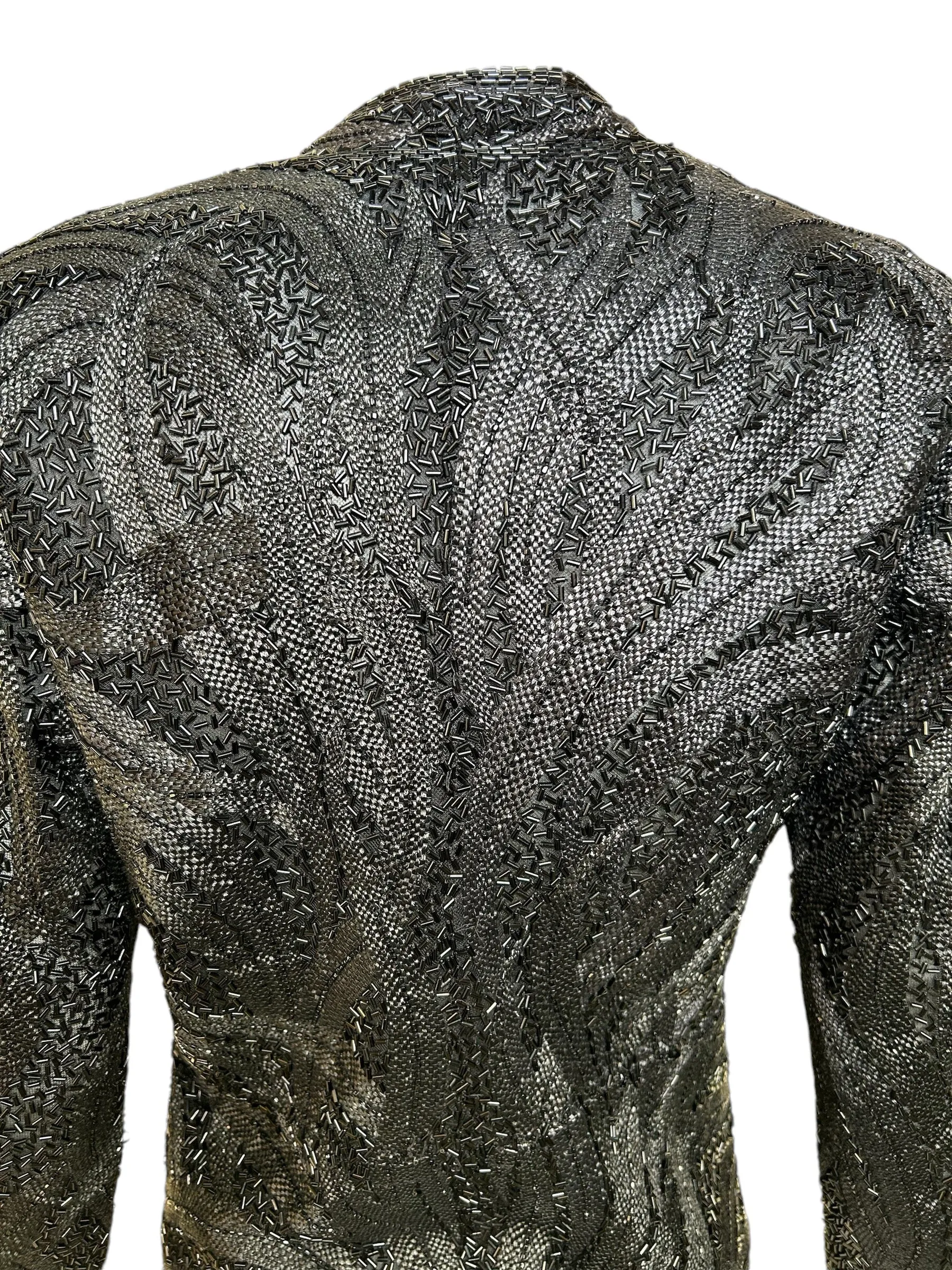 Halston 70s Black Feather Motif Densely Beaded Jacket