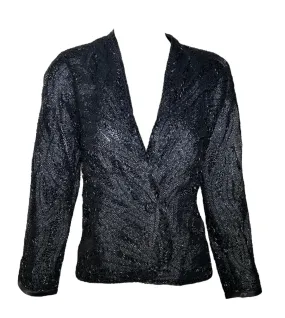 Halston 70s Black Feather Motif Densely Beaded Jacket