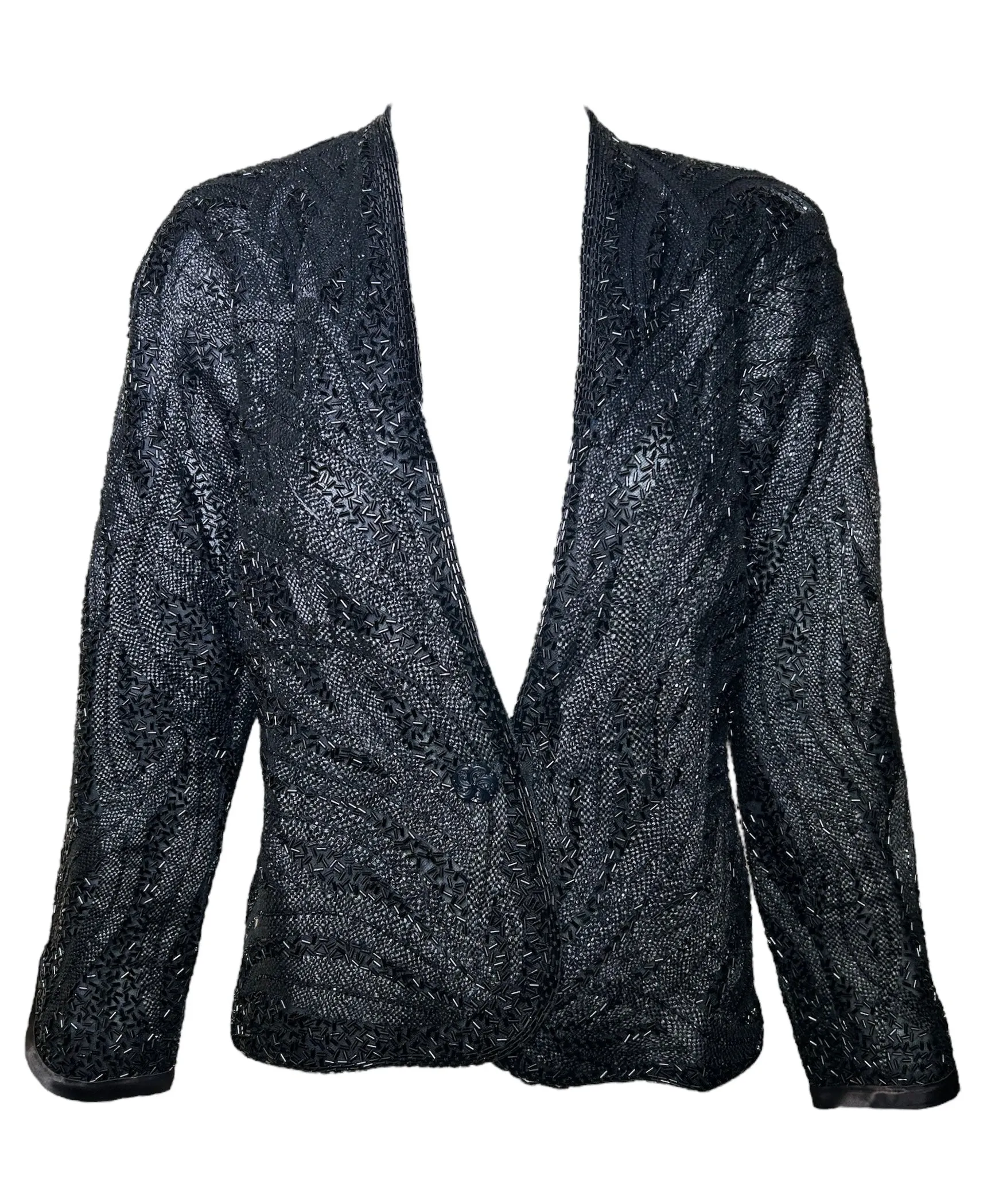 Halston 70s Black Feather Motif Densely Beaded Jacket