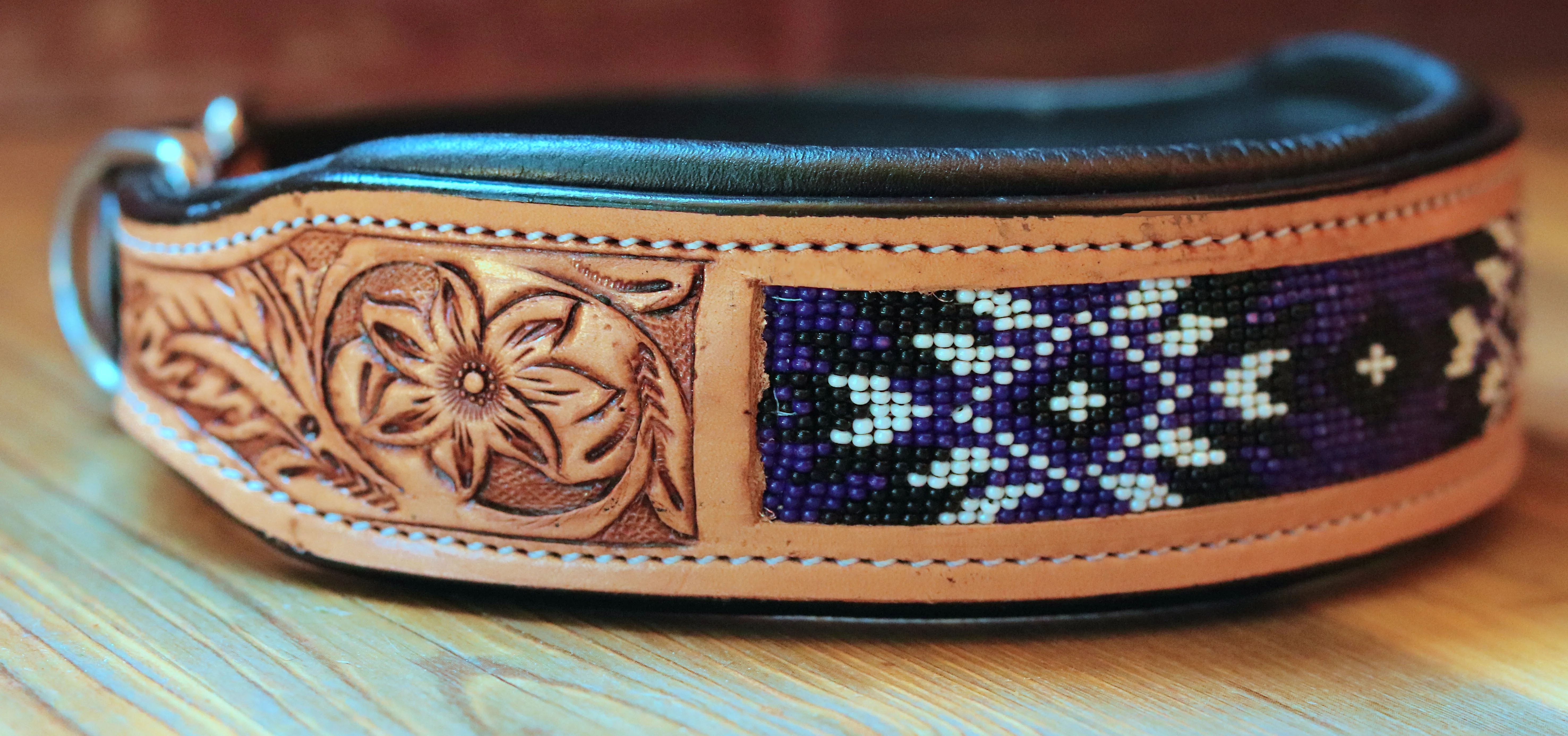 Handcrafted Padded Leather Tooled Dog Collar with Purple and Black Beading