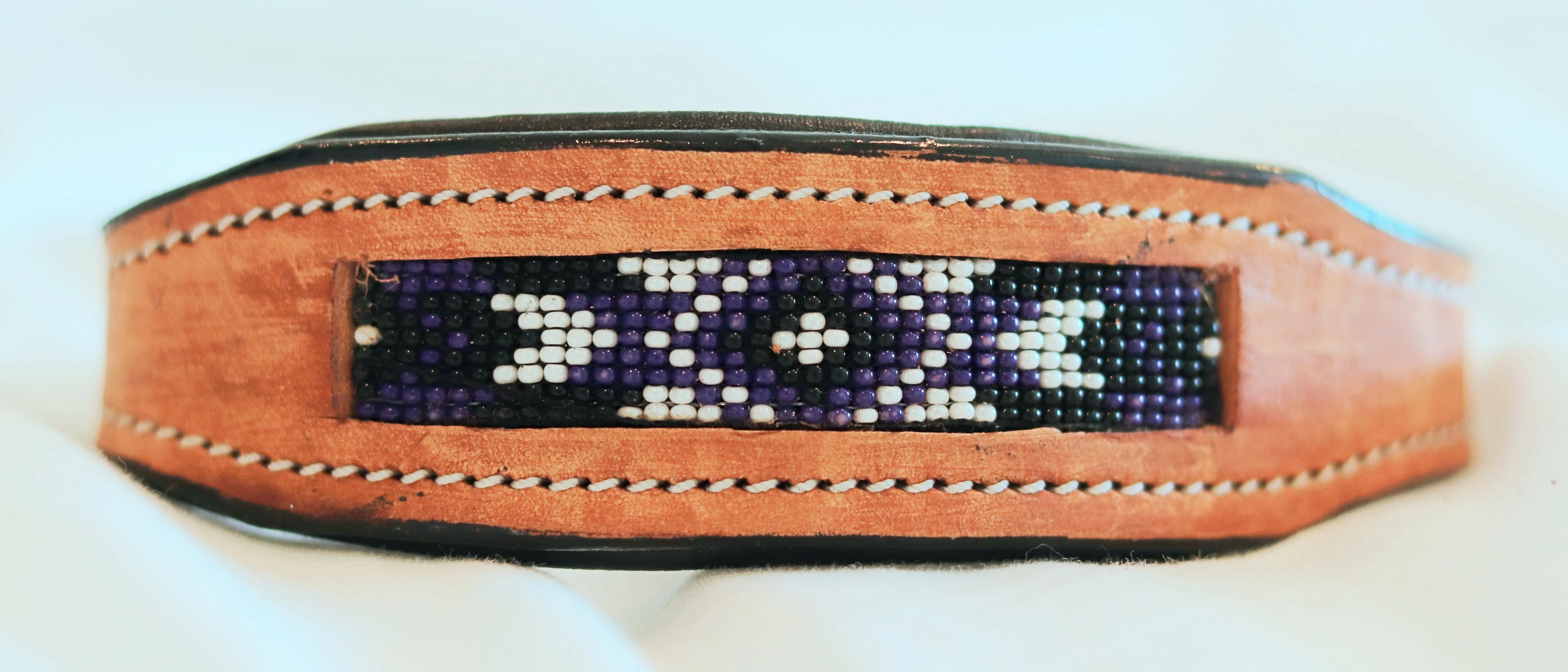 Handcrafted Padded Leather Tooled Dog Collar with Purple and Black Beading