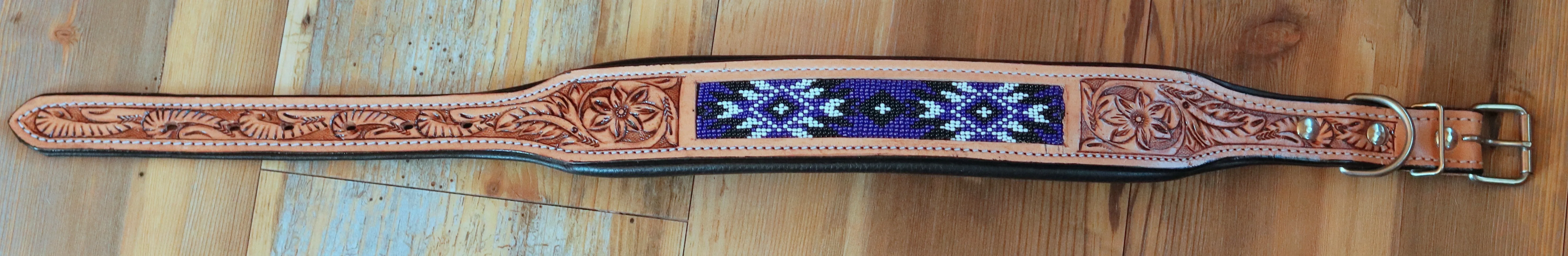 Handcrafted Padded Leather Tooled Dog Collar with Purple and Black Beading