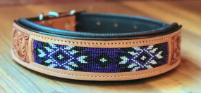 Handcrafted Padded Leather Tooled Dog Collar with Purple and Black Beading