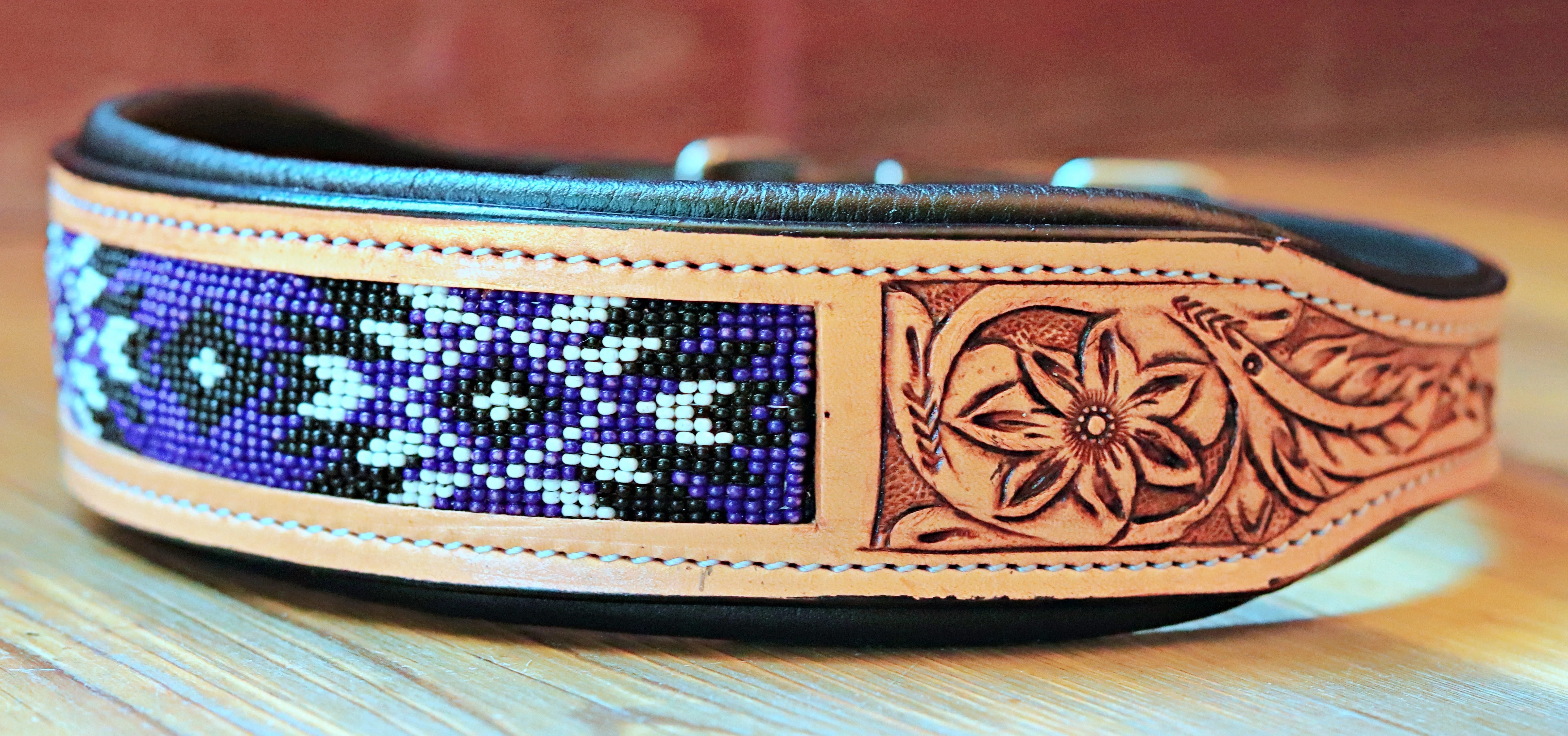 Handcrafted Padded Leather Tooled Dog Collar with Purple and Black Beading