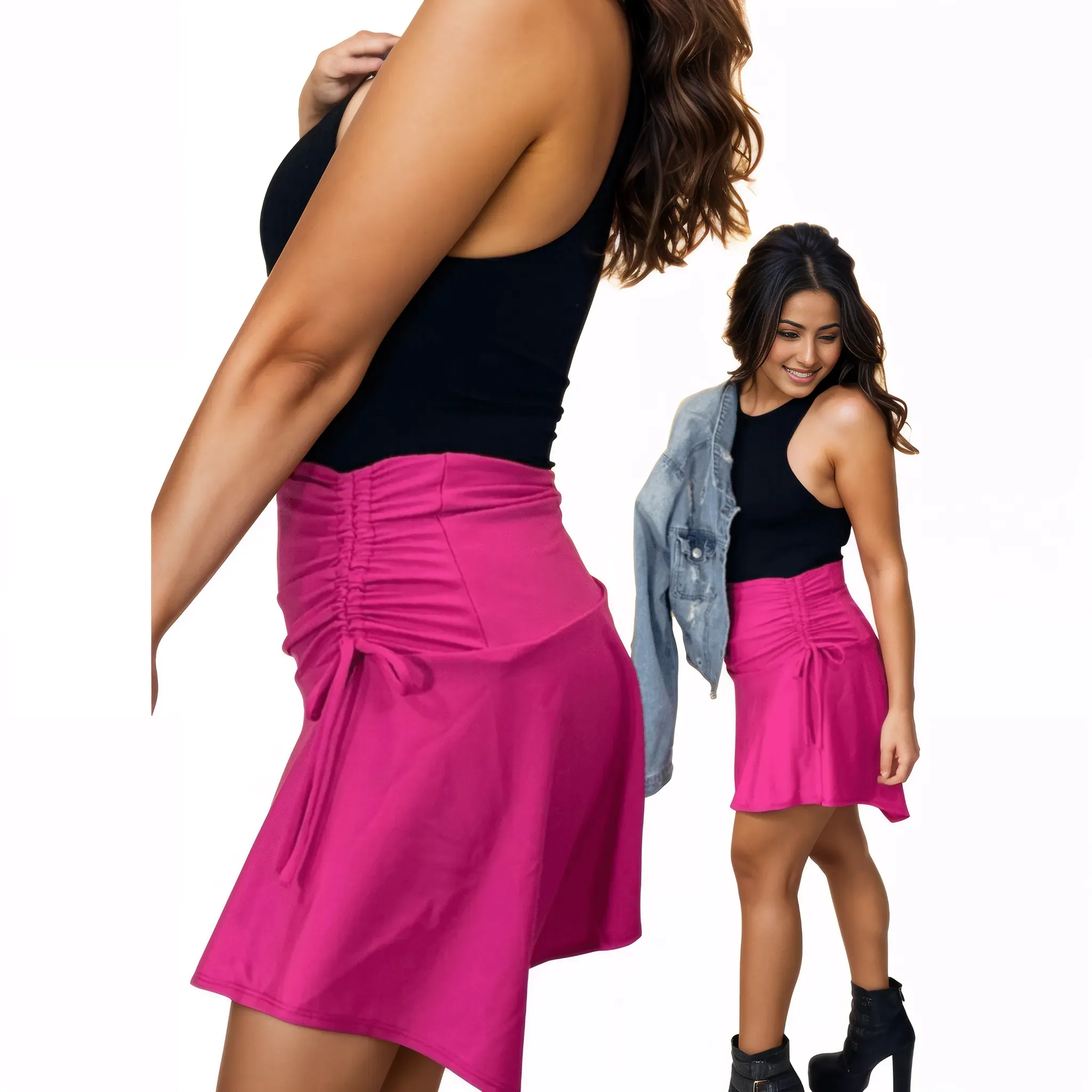 High-Rise Tummy Control Ruched Extra Mini Skirt – Adjustable Asymmetrical Drawstring Skirt Hot Pink
