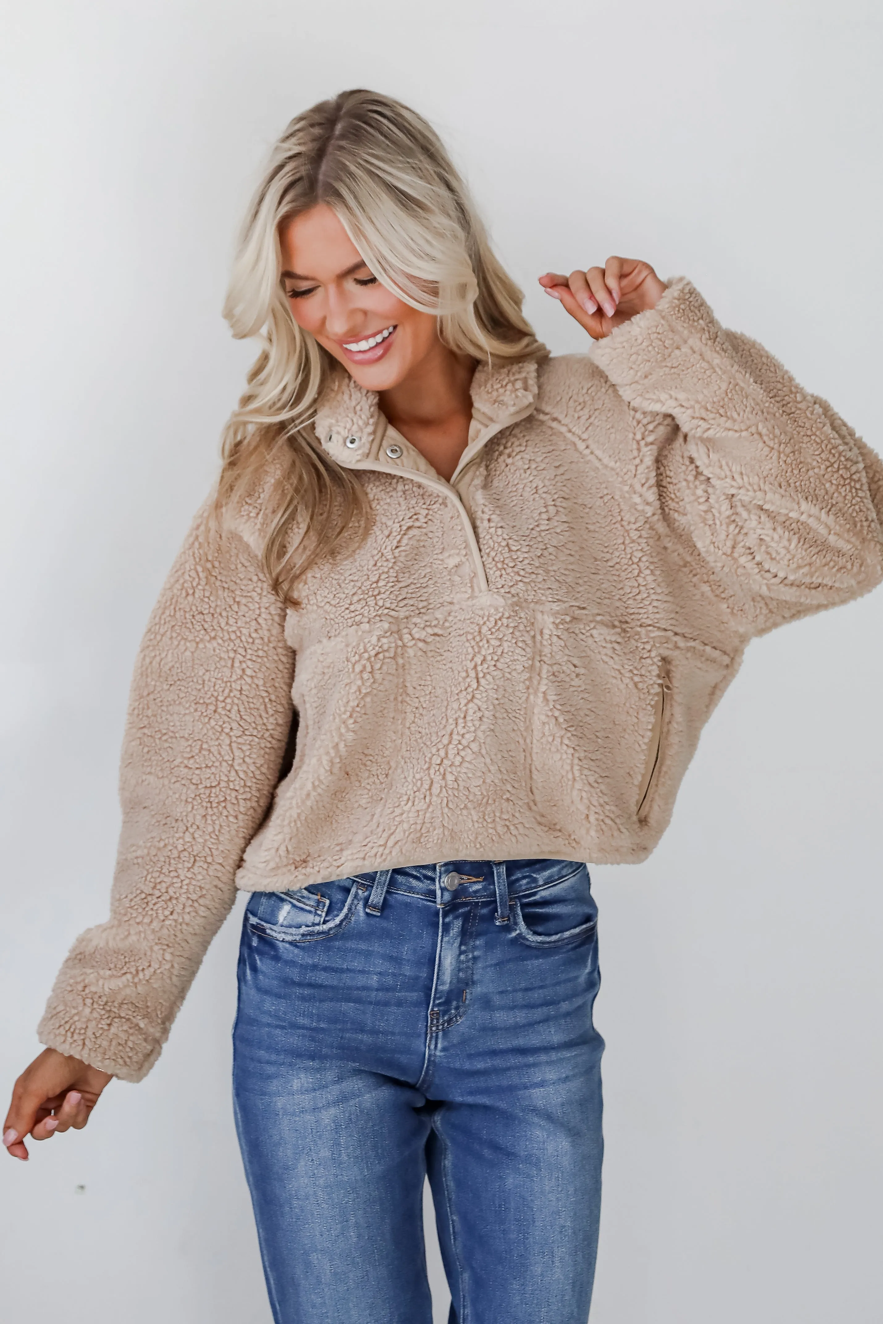 Hit The Slopes Beige Sherpa Pullover - DOORBUSTER