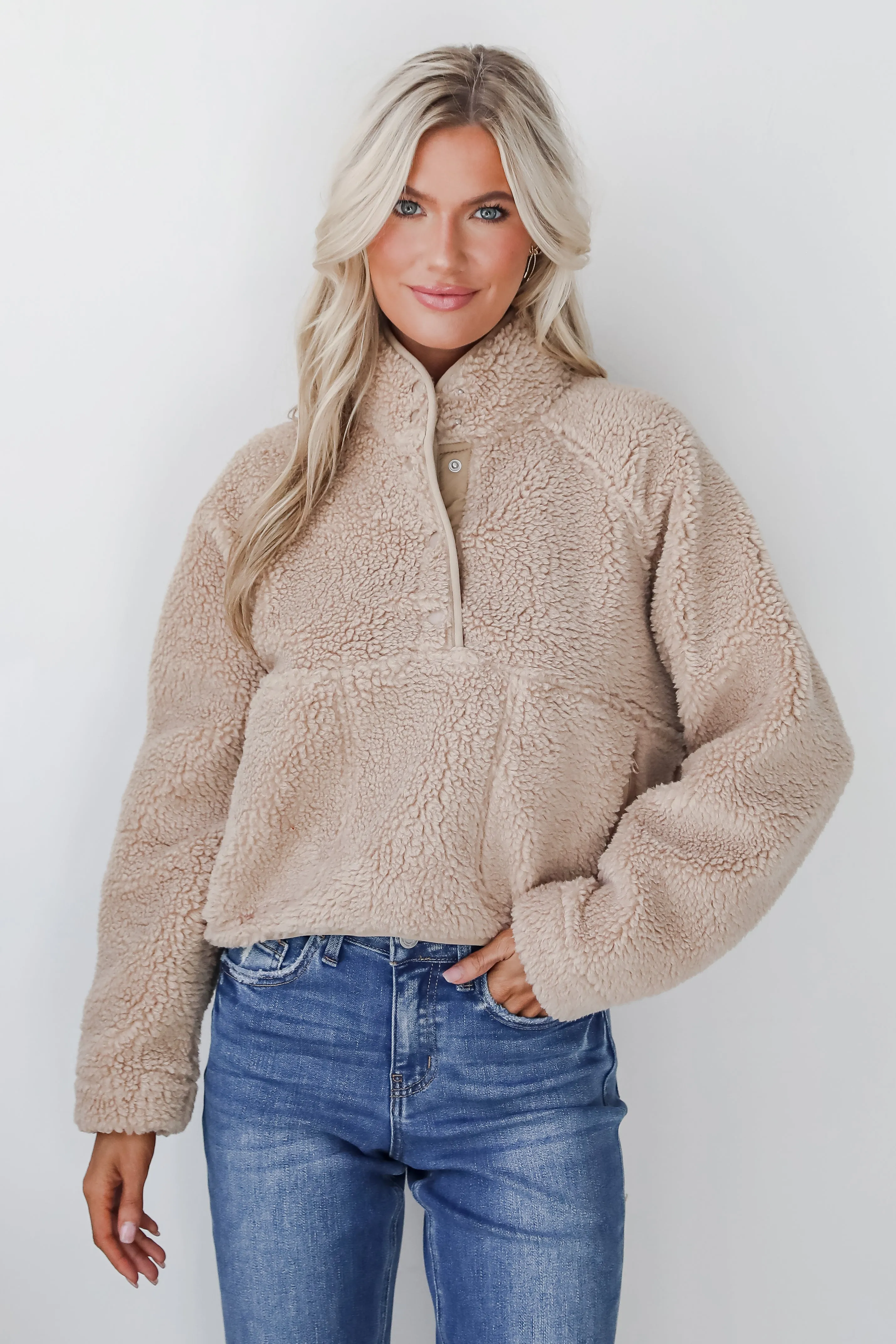 Hit The Slopes Beige Sherpa Pullover - DOORBUSTER
