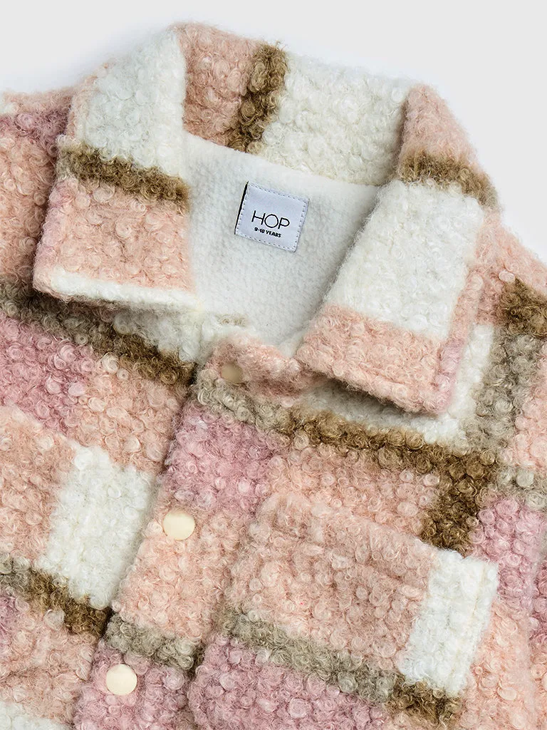 HOP Kids Pink Checks Printed Fleece Jacket