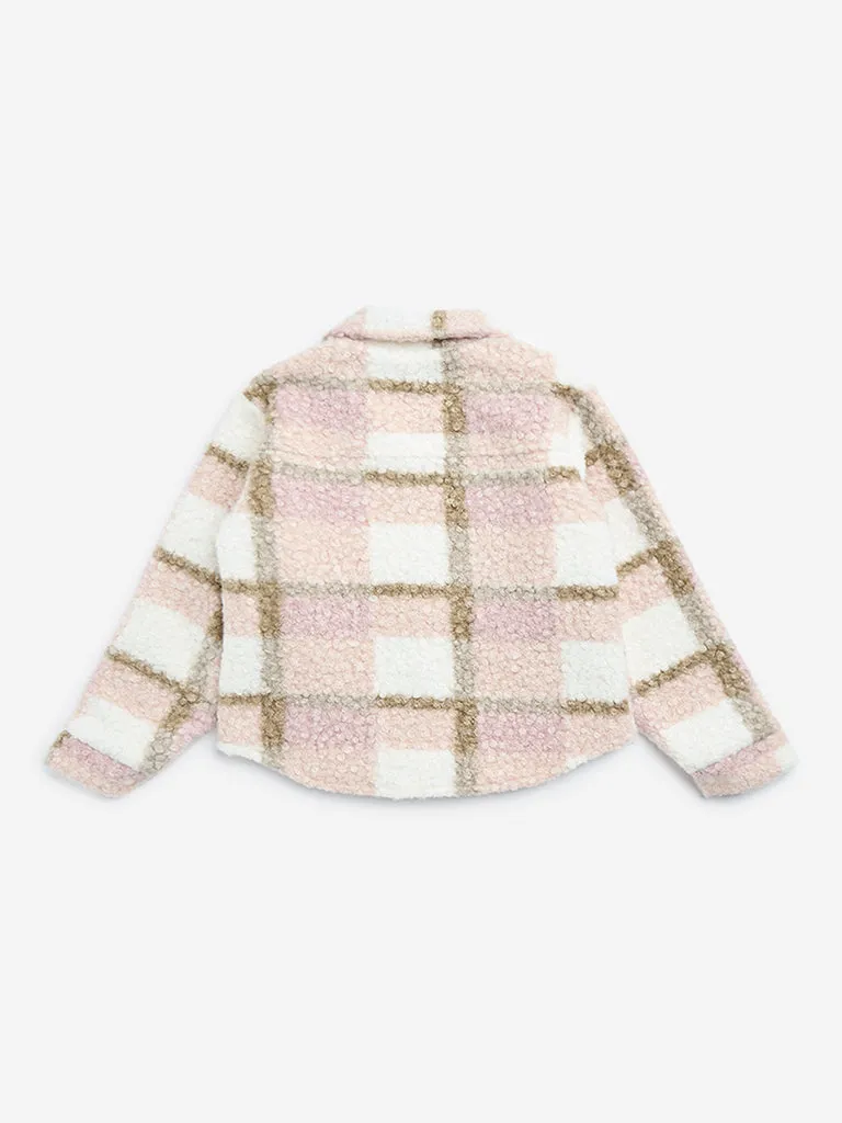 HOP Kids Pink Checks Printed Fleece Jacket