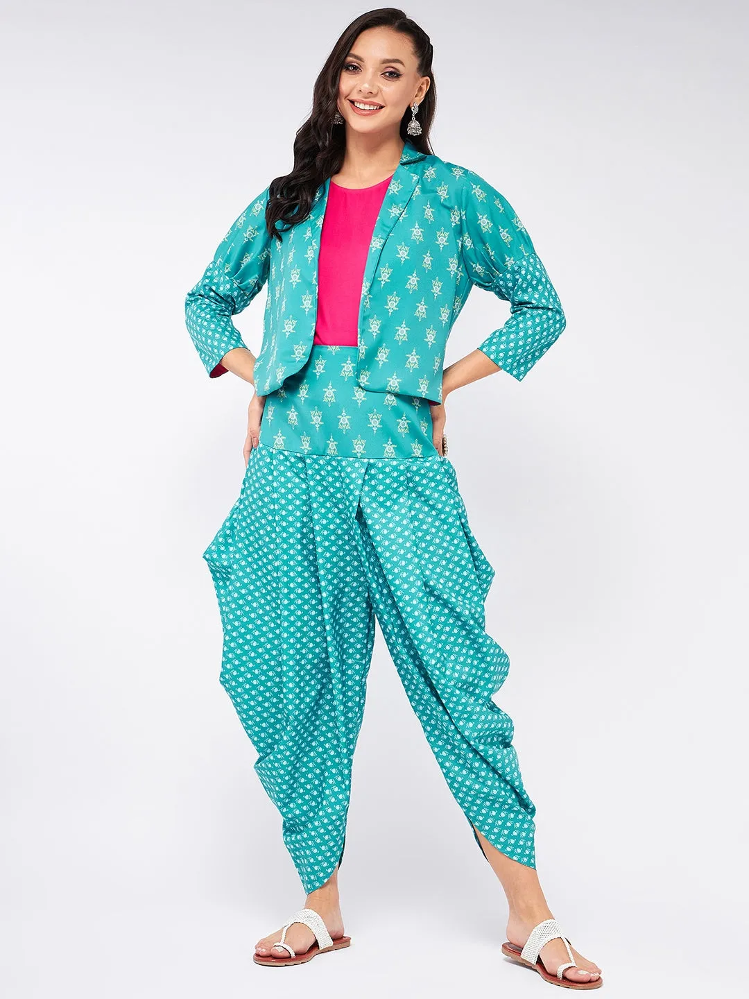 Jaipur Haat Leg 'O' Mutton Sleeves Jacket With Top And Dhoti Pant