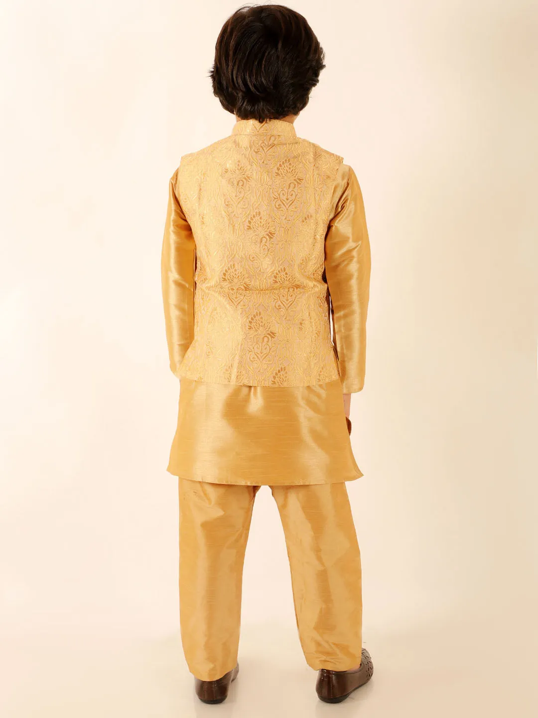 Jashvi Boys Rose Gold Silk Blend Jacket With Kurta Pyjama Set