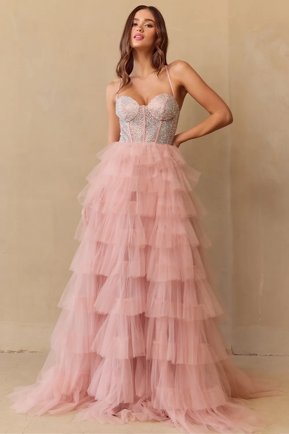 JI Crystal Bodice Tulle Layered A Line Prom & Formal Dress
