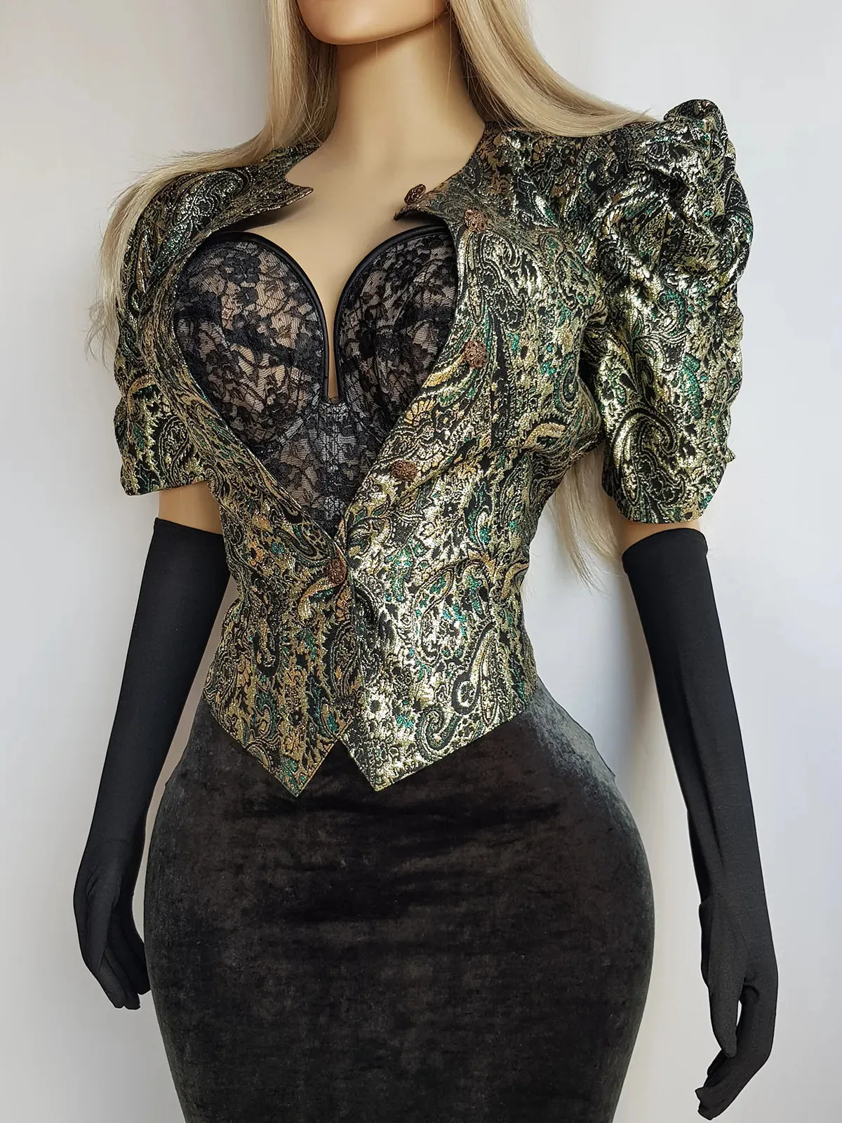Knockout Genuine Vintage Dramatic  Whimsigothic Rockstar Jacket in Ornate Brocade - Hourglass fit - Bold Sculptural Shoulders - Metal Buttons - Wear open or closed