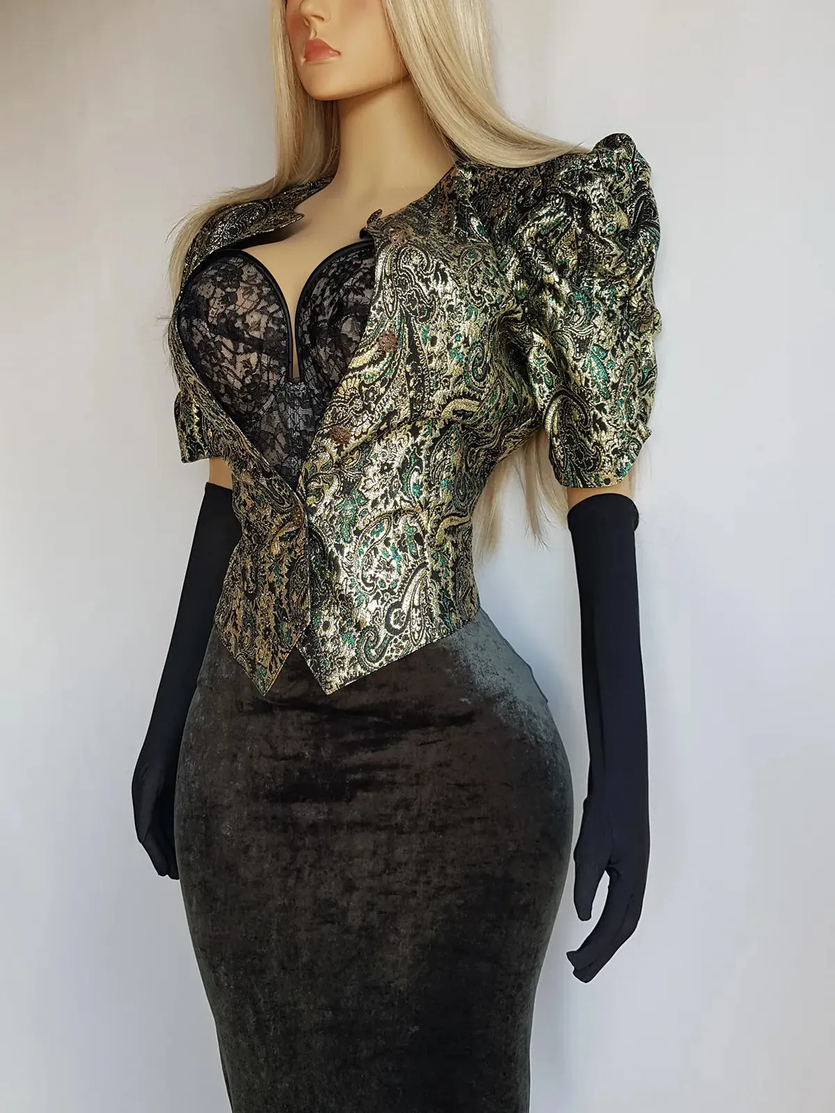Knockout Genuine Vintage Dramatic  Whimsigothic Rockstar Jacket in Ornate Brocade - Hourglass fit - Bold Sculptural Shoulders - Metal Buttons - Wear open or closed
